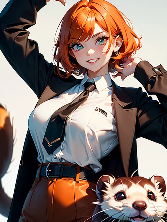 (masterpiece)(high resolution)(head shot) A girl with short, messy orange hair. She has a wide grin, with dark green pupils and eyeliner and long eye lashes. she is wearing a white office shirt with a black necktie. ((There is a giant brown ferret behind her, and she is posing with it))