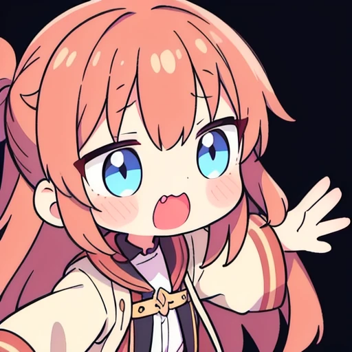 a chibi emoji of an shy anime girl with reddish brown long hair fishtail style, blue eyes,sharp jawline, shy , reaching her hand out for hugs