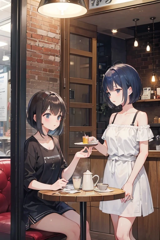 (15yo girls)+,two girls eating cake at a coffee shop,Coffee shop on a rainy day,dark blue short hair girl and light brown short bob hair girl, wipe wet hair with a towel,Steam rises from the tea,