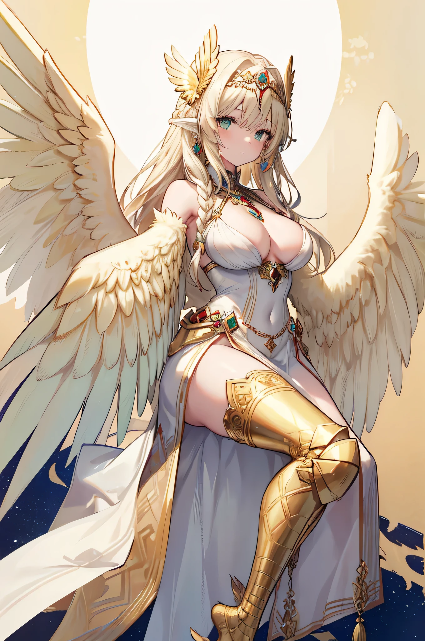 4k,High resolution,One Woman,Harpy,Cream colored hair,long hair,Braid,Green Eyes,Big Breasts,White Wings,Golden toenails,goddess,White sacred armor,Winged headgear,Jewelry decoration,Gold decoration,Temple in the Sky,Aurora Background