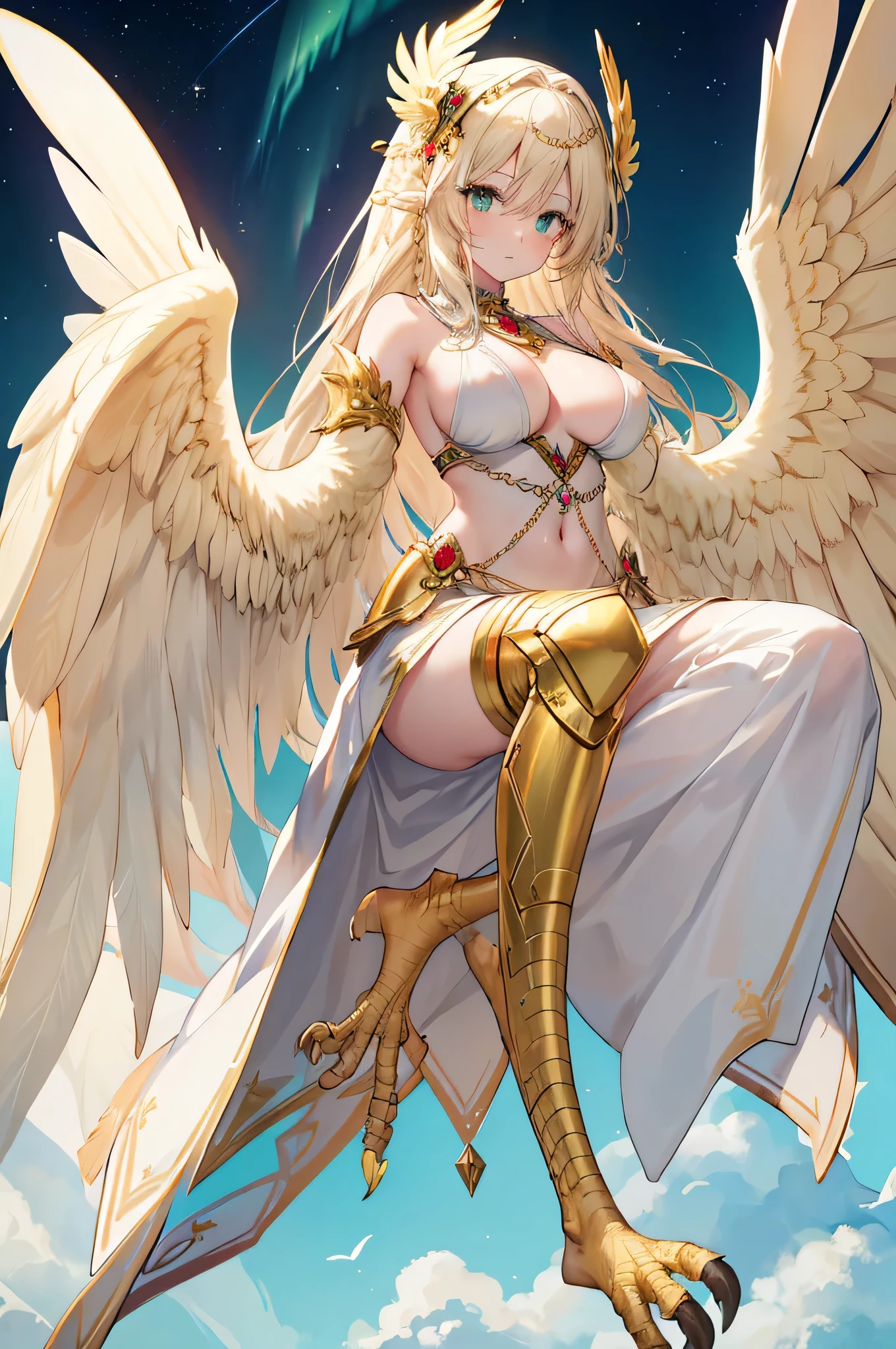 4k,High resolution,One Woman,Harpy,Cream colored hair,long hair,Braid,Green Eyes,Big Breasts,White Wings,Golden toenails,goddess,White sacred armor,Winged headgear,Jewelry decoration,Gold decoration,Temple in the Sky,Aurora Background