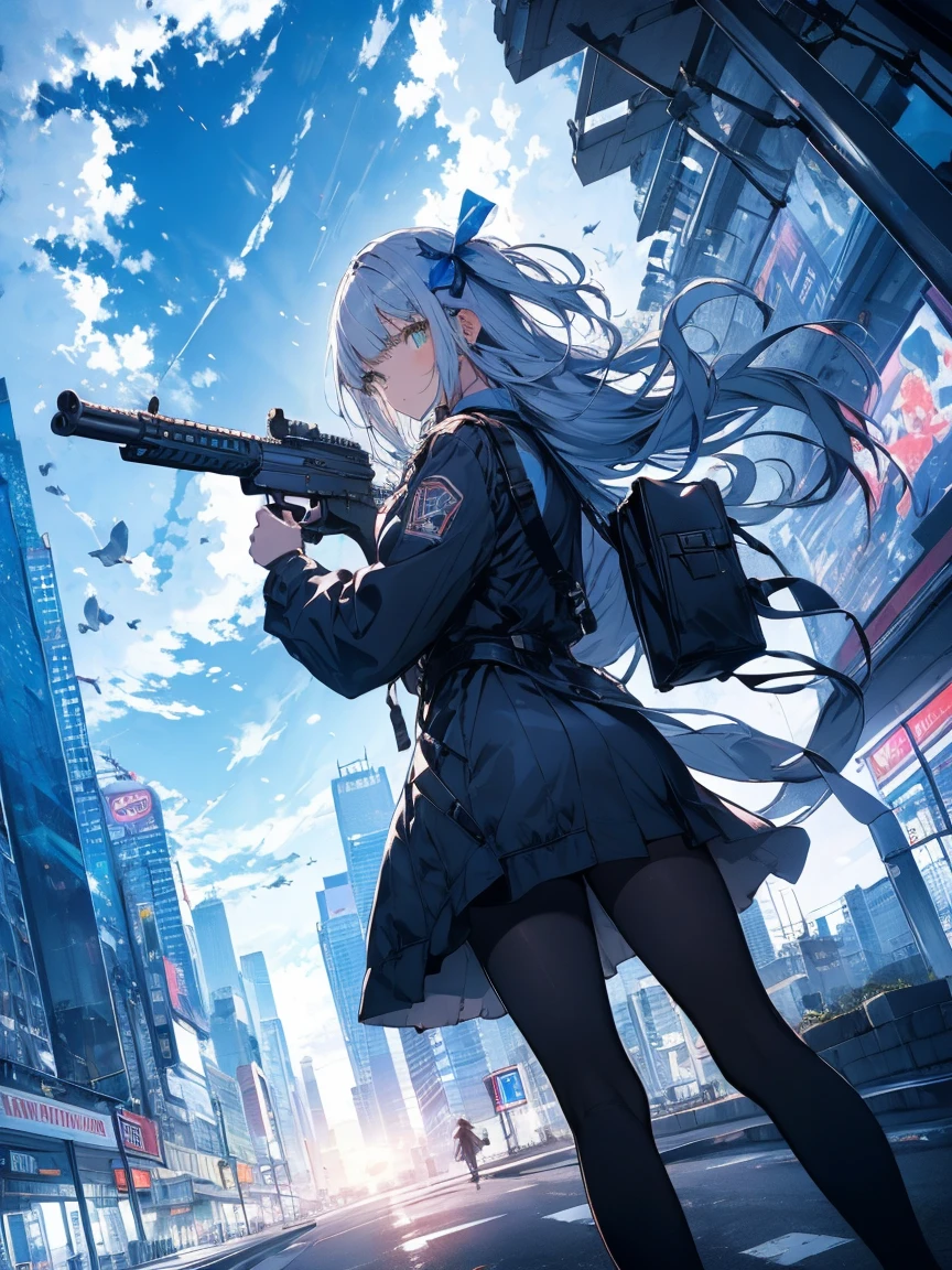 1 girl,masterpiece,highest quality, Lens flare, Depth of written boundary, (close:1.3), (Wide Shot, Fisheye Lens:0.85), Face Focus, One girl ,Are standing, ((Light blue long hair), uniform, (Have a weapon, Hold the rifle,Targeting,Target:1.2), gun, h&HK416, carbine, fire, Firing, sunny,blue sky,Cloudy,city,street,road signs, Skyscraper,