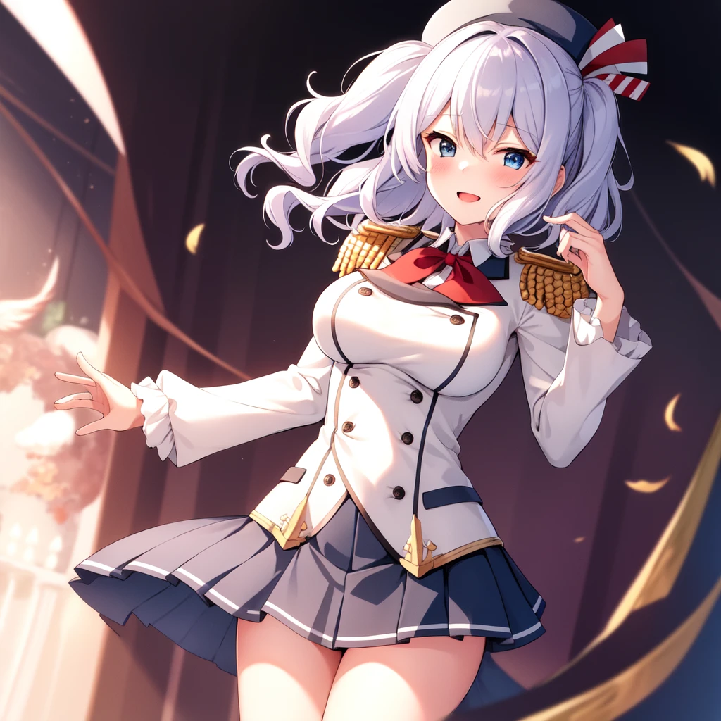 (masterpiece, best quality:1.2),giggle,A hand touched his chest,illustration,8k,HD,1 girl,solitary,portrait,blush,White hair,blue eyes,curls,Double tail,Crane plum,Berets,Epaulettes,Ruffled sleeves,jacket,Large Breasts,Long sleeve,,mini skirt,Pleated Skirt,Red tie,White gloves,anchor,Solid color background