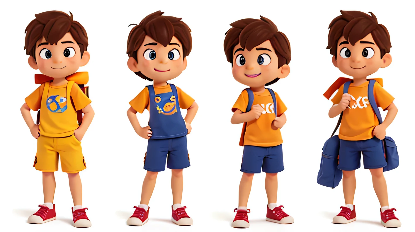 https://blog.pareto.io/wp-content/uploads/2024/03/prompts-for-creating-image-with-ai-disney-pixar-style.jpg Body: Oliver is a cute  boy, around 6 or 7 years  a slender build and a friendly demeanor. Face: He has rosy cheeks, bright, curious eyes, and a warm smile that lights up his face.Clothing: Oliver wears a simple, comfortable outfit suitable for adventure, like a t-shirt, shorts, and sneakers. He might have a backpack slung over his shoulders to carry his supplies.Hair: Oliver's hair is tousled and brown, with a few unruly locks falling over his forehead. character sheet, different expressions and poses, white background