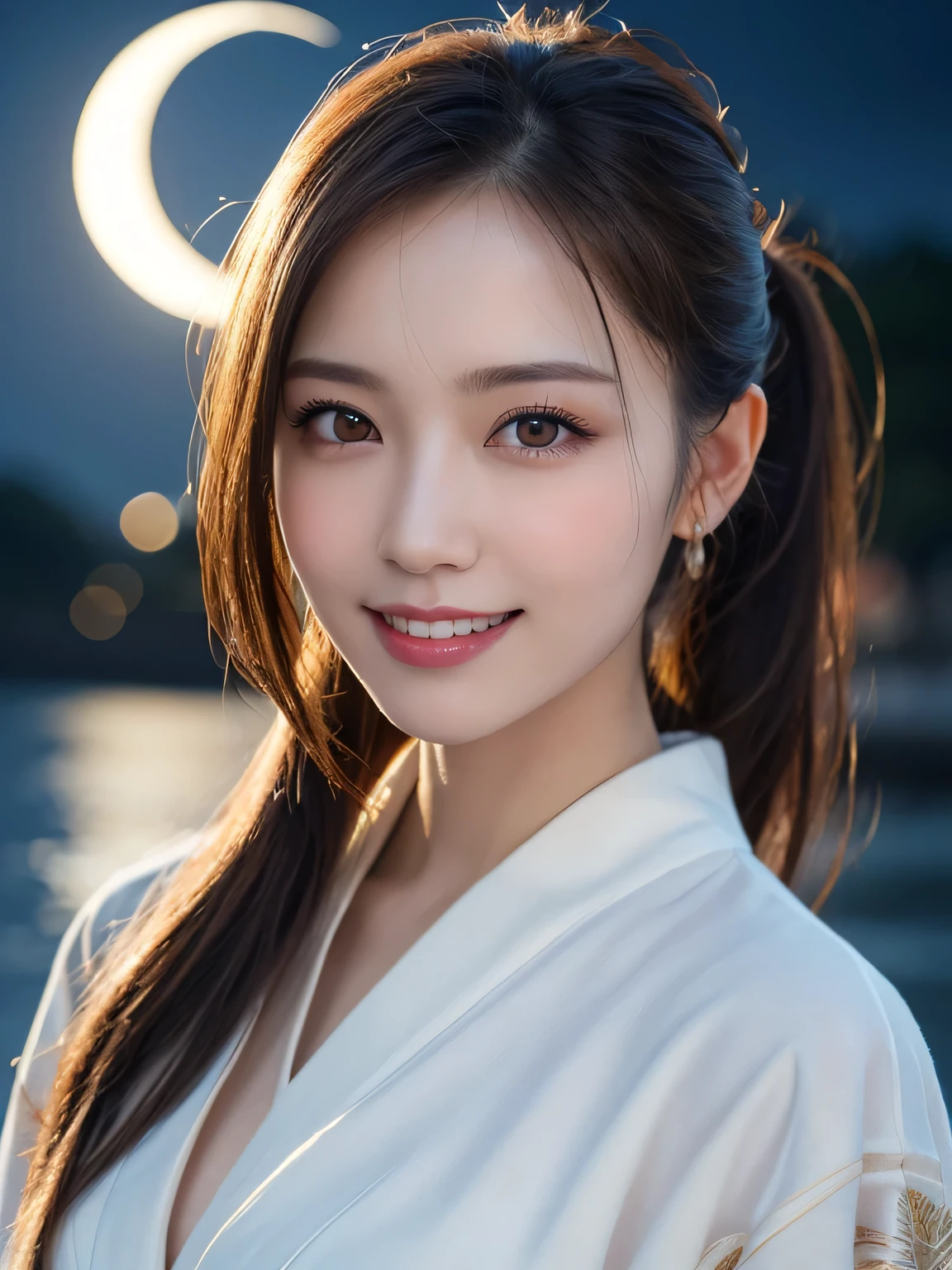 Kimono beauty, body portrait, 8K, thin and beautiful eyes, Dindal effect, masterpiece, top quality, high quality, high resolution, very detailed photo, (natural skin texture, fine skin, hyperrealism, super sharpness) , high detail skin, (very fine, fine skin texture, intricate details, ponytail, beautiful face, (real-like face), realistic eyes, beautifully detailed eyes, realistic skin, beautiful skin, hyper reality target, highly detailed, golden ratio, smiling eyes, ((night moonlight background) )), body portrait, G cup, big breasts, huge breasts, big breasts, glamorous,