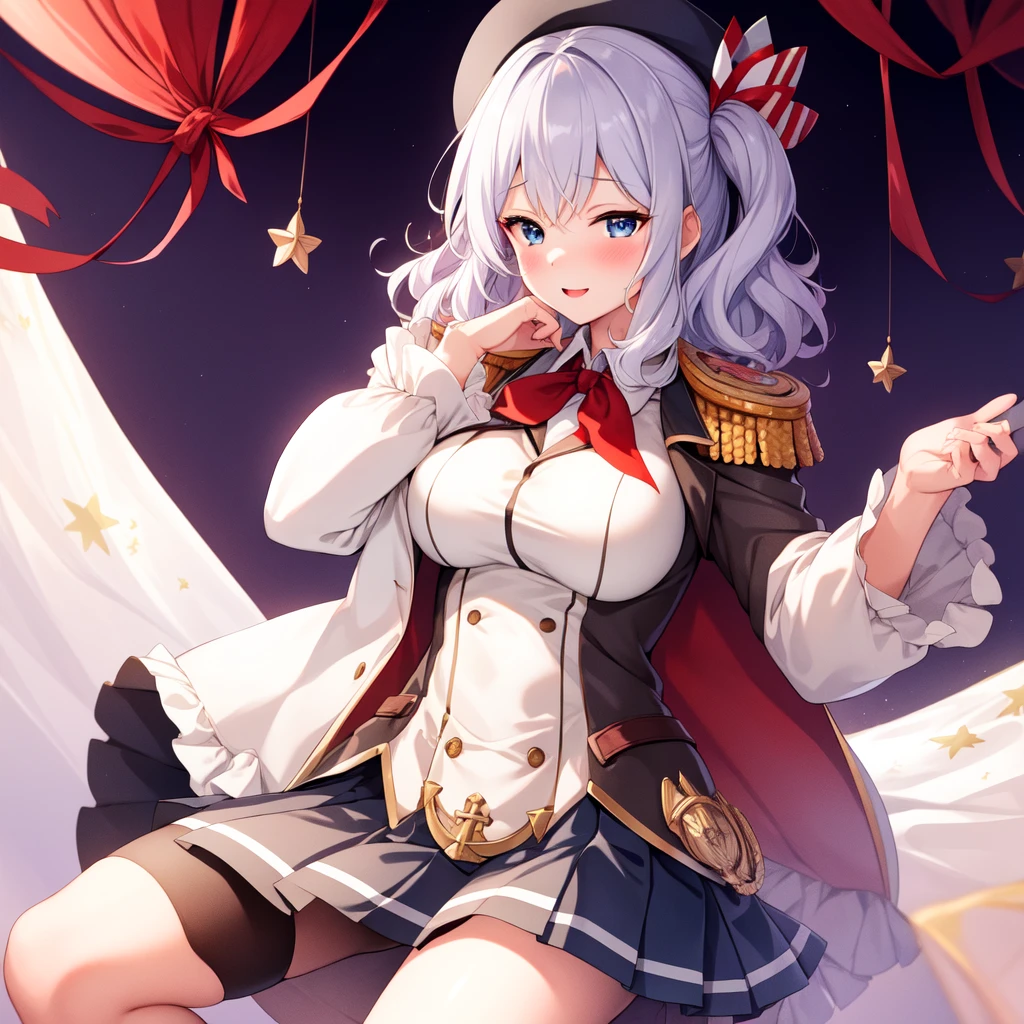 (masterpiece, best quality:1.2),giggle,A hand touched his chest,illustration,8k,HD,1 girl,solitary,portrait,blush,White hair,blue eyes,curls,Double tail,Crane plum,Berets,Epaulettes,Ruffled sleeves,jacket,Large Breasts,Long sleeve,,mini skirt,Pleated Skirt,Red tie,White gloves,anchor,Solid color background