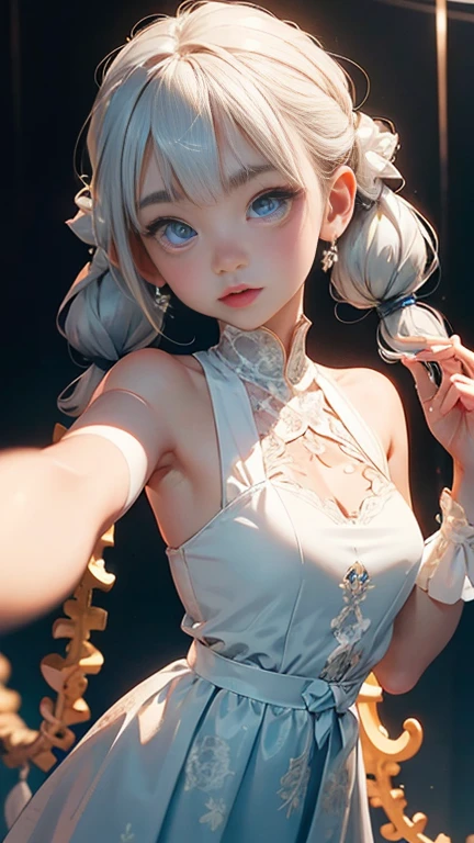 Selfie、White skin、Beige Hair、Curl's twin tails、Short pigtails、((Light blue ribbon tied in a knot))、White tube top、((Light blue lace arm covers))、Black and white checkered skirt、tretches the spine、beautiful posture、Cheeky look、Looking up、(((coral color lip)))、(No hair around the face 1.8)、The background is blue space、Kiss mark、front、brown eyebrows、Bullish eyes