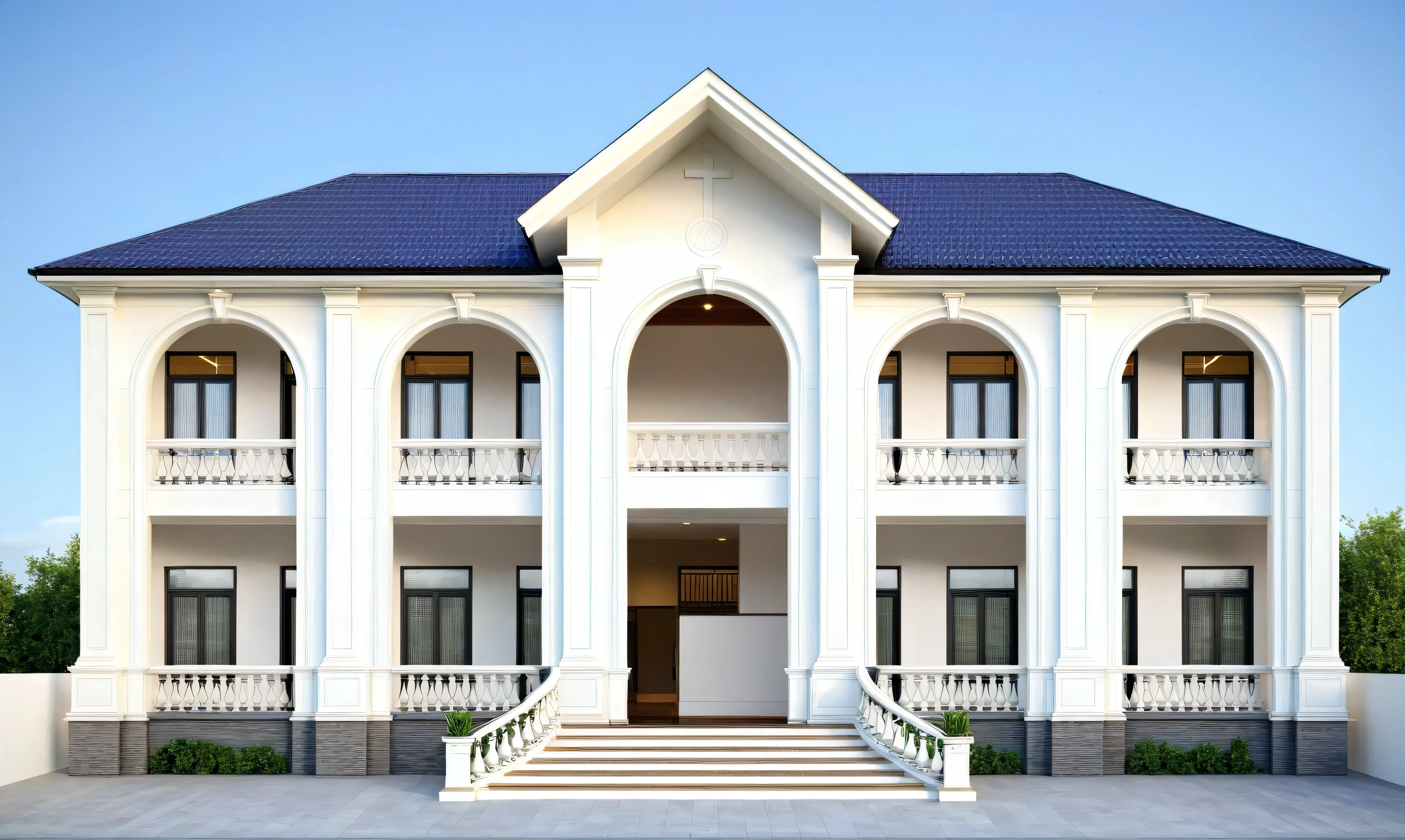 townhouse, (modern style:1.2), exterior design, perspective view, (white wall:1.3), (block sidewalks and asphalt roads), (frontal diagonal roof, roof tiles), (day sky background), Low trees around the house, (the house next door is lower than the subject designer's house), (day light:1.1), (Neutral lighting is suitable for the townhouse, light color thermometer lighting), (architectural design visualization), (reflection), (focus on object), (material normal bump real reflection), (scattered light), (light ray), (multi-beam light), (sunbeam) (multi-level reflection), (chao vantage software visualization render),(((Best Quality))), ((Masterpiece)), ((best illustration)), ((best shadows)), ((Super Detail)), (Intricate lines), (Photorealism),(hyper detail), ((archdaily)), ((award winning design)), (dynamic light), ((day)), spotlight, (perfect light), (shimering light), ((photorealistic)), ((intricate detail)), ((extreme detail)), ((crazy detail)), ((octane render)), ((trending on artstation)), ((High-fidelity)), ((Viwvid)), ((Crisp)), ((Bright)), ((Stunning)), ((Eye-catching)), ((High-quality)),((Sharp))((Bright)), ((Stunning)), ((natural sun environment)), ((Eye-catching)), ((Illuminating)), ((Flawless)), ((High-quality)),((Sharp edge render)), ((medium soft lighting)), ((photographic render)), ((detailed archviz)), ((reality environment)), (modern townhouse design architectural design facade), (modern townhouse facade roof design), (modern townhouse facade wall design), (modern townhouse facade decoration material design) (townhouse facade door and window design modern), (environmental lighting design), (modern townhouse facade lighting design), (modern townhouse front gate and fence design), (tree decoration design for townhouse facade), (Design lights for gate posts and fences), (townhouse facade railing design), (level of photo realism, depends on lighting, materials, composition, Real-Time Rendering, based on chao vantage timage rendering graphics software)