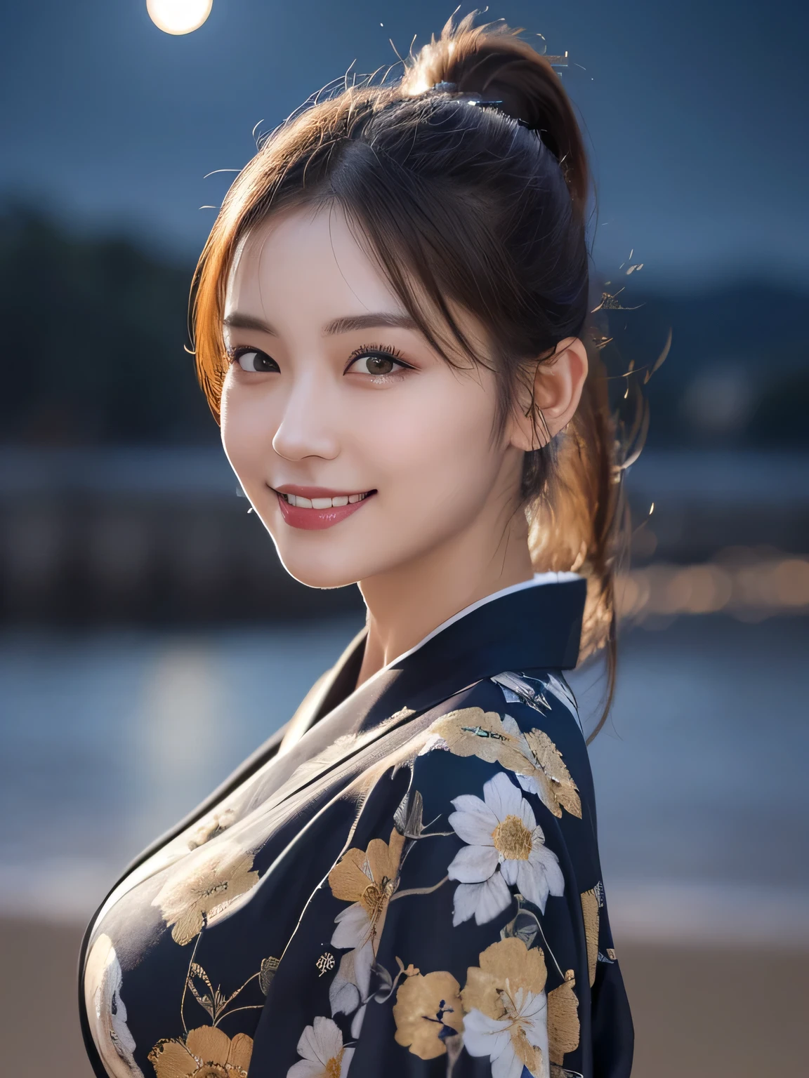 Kimono beauty, body portrait, 8K, thin and beautiful eyes, Dindal effect, masterpiece, top quality, high quality, high resolution, very detailed photo, (natural skin texture, fine skin, hyperrealism, super sharpness) , high detail skin, (very fine, fine skin texture, intricate details, ponytail, beautiful face, (real-like face), realistic eyes, beautifully detailed eyes, realistic skin, beautiful skin, hyper reality target, highly detailed, golden ratio, smiling eyes, ((night moonlight background) )), body portrait, G cup, big breasts, huge breasts, big breasts, glamorous,