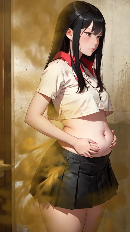 (highres,best quality:1.2),ultra-detailed,realistic,portrait,Asian girl,farting,skirt,side view,hands holding stomach,pained expression,embarrassed expression,farting while standing,colorful tones,soft lighting.