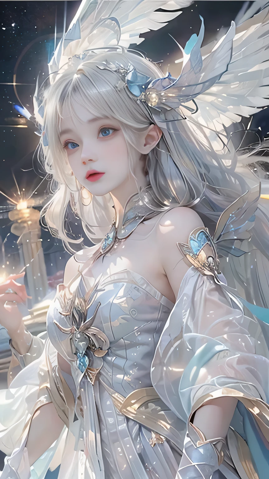 star,（White Hair Girl:1.5）,（（masterpiece））、（detailed：1.4）、((breast enhancement、Upper body photo、Close-up:1.1))、（Backlight）(Night scene、A fantastic atmosphere、Ancient capital、Amazing beauty images,One Woman、white dust、Light and dance-like、Suspended particles), (Black Costume、Feathered Robe with Sleeves、Clothing that widens towards the hem、Exposing shoulders、Off the shoulder)、（Gray hair that changes with light、length, Lustrous gray hair、WHITE hair fluttering in the wind、Beautiful Bangs:1.3）、（Beautiful white and shining skin、Cheek gloss highlight、Sexy and very beautiful and adorable face、The most beautiful face in the world、big, Sparkling blue eyes）、（Cute 25 year old girl、Ample breasts、Great cleavage and a tiny waist、Delicate shoulders、Balanced figure）、Woman in costume on stage、Whole body xylose, flowing robe,Angel&#39;s Feather Robe Wonderful Fantasy, elegant and charming cosplay、ru_qun
