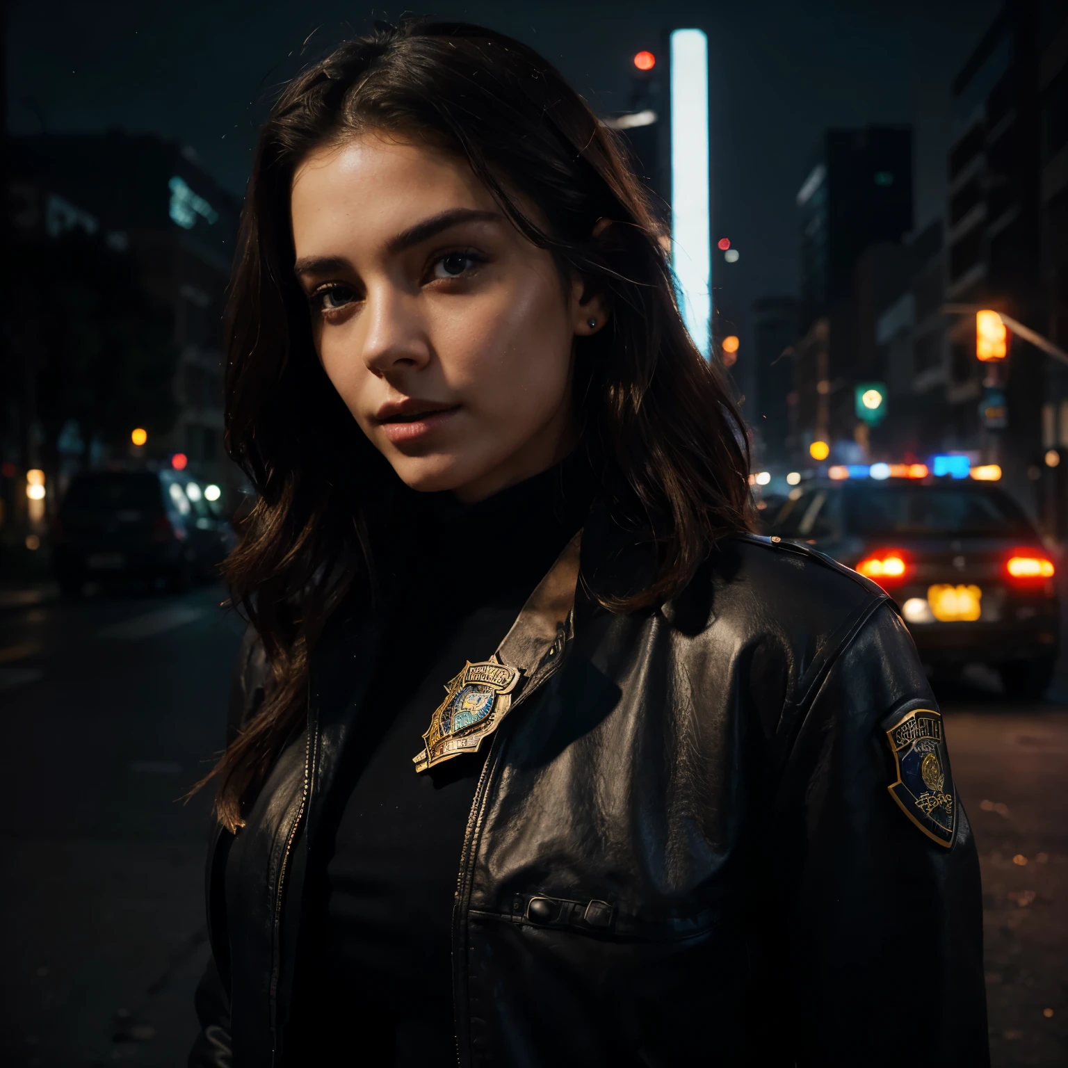Portrait of natlp as a beautiful female model, georgia fowler, beautiful face, with short dark brown hair, in cyberpunk city at night. She is wearing a leather jacket, black jeans, dramatic lighting, (police badge:1.2)
