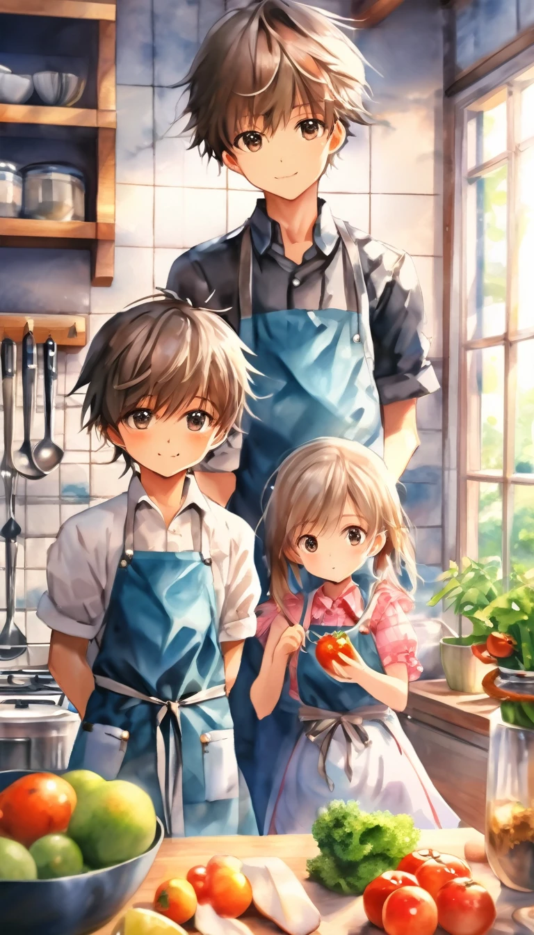 (masterpiece:1.3), (best quality:1.2), (illustration:1.2), (ultra detailed:1.2), (pixiv:1.4),
ultra high res, watercolor, A little brother and sister stand in the kitchen wearing aprons,