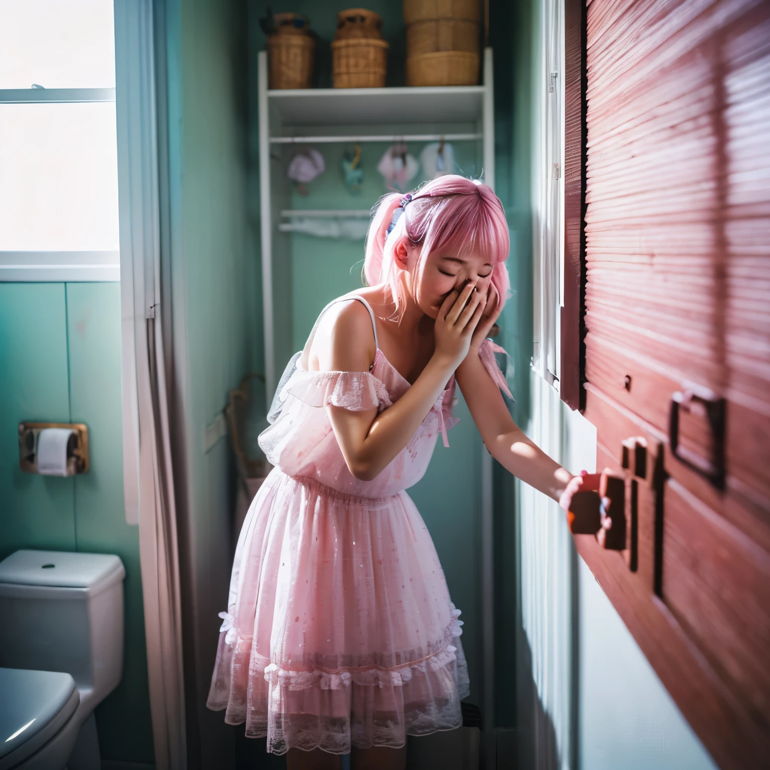 ((Absurd)),  ((Tabletop)),  (highest quality),  (Lens flare),  (Very detailed),  (beautiful),  ((pretty girl)),  alone,  beautiful face,  White skin, Tabletop,  (10 years old: 1.3),  Cute pink hair,  (Girl in a cute dress、Girl goes to the toilet、 Are standing, is crying, close your eyes, Tears overflow from my eyes, Embarrassing, Blushing),  Street(The girl is peeing: 1.2),
