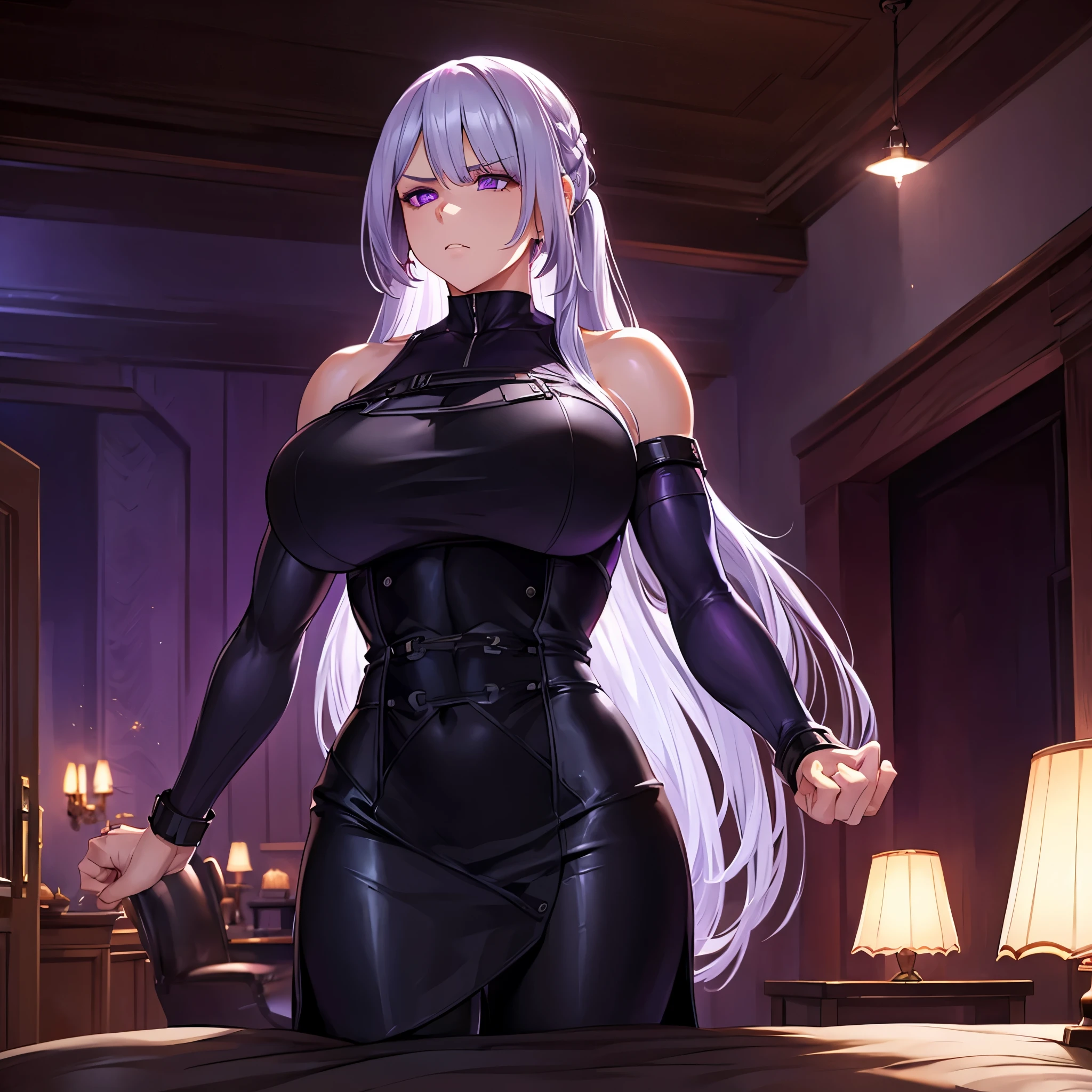 A woman with long silver hair, purple eyes, wearing a black dress, big breasts, muscular, shy face, in a luxurious room at night, a bright place.(woman solo), HDR, ultra resolution, sharp, masterpiece, 8K HD
