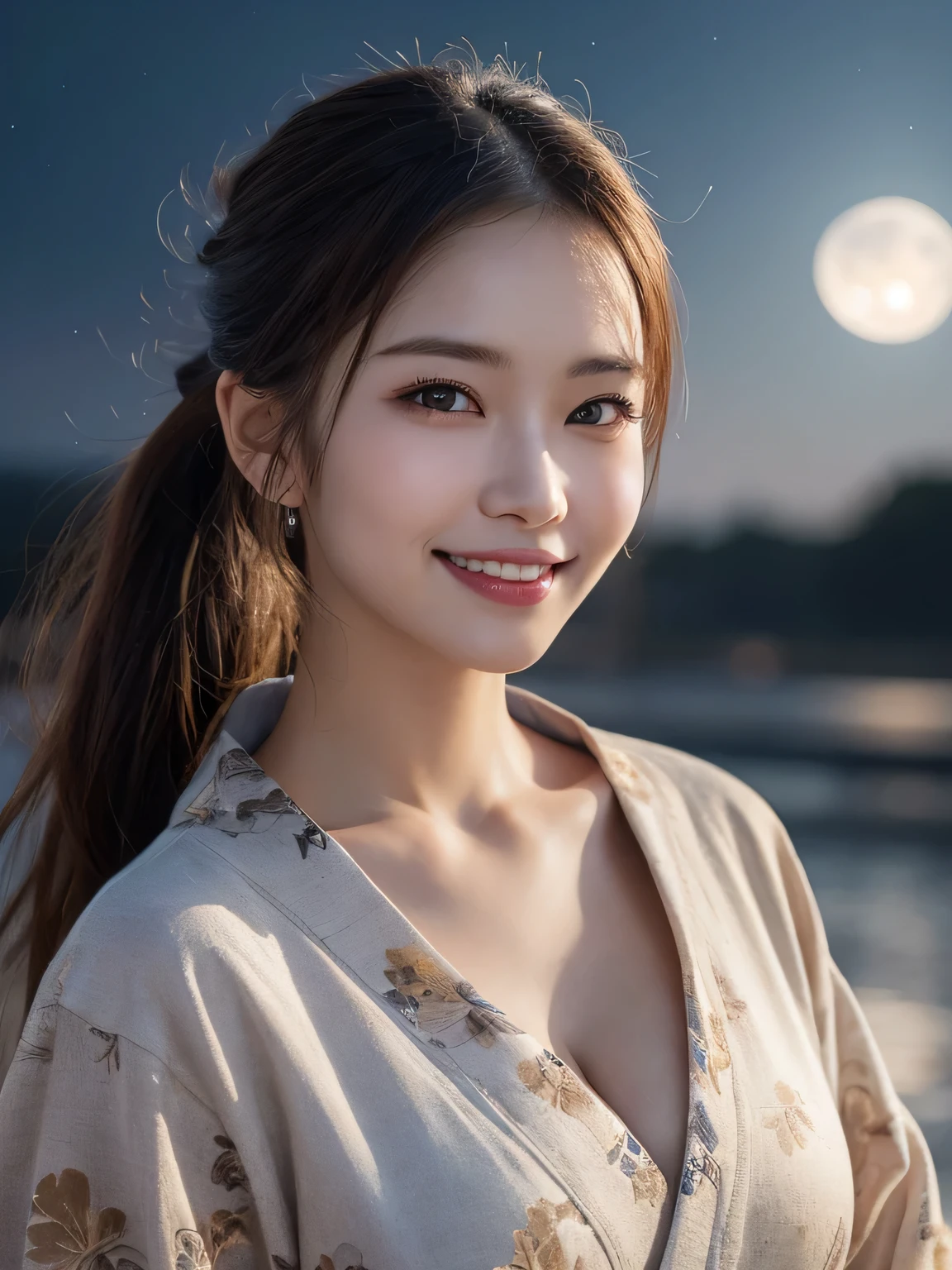 Kimono beauty, body portrait, 8K, thin and beautiful eyes, Dindal effect, masterpiece, top quality, high quality, high resolution, very detailed photo, (natural skin texture, fine skin, hyperrealism, super sharpness) , high detail skin, (very fine, fine skin texture, intricate details, ponytail, beautiful face, (real-like face), realistic eyes, beautifully detailed eyes, realistic skin, beautiful skin, hyper reality target, highly detailed, golden ratio, smiling eyes, ((night moonlight background) )), body portrait, G cup, big breasts, huge breasts, big breasts, glamorous,