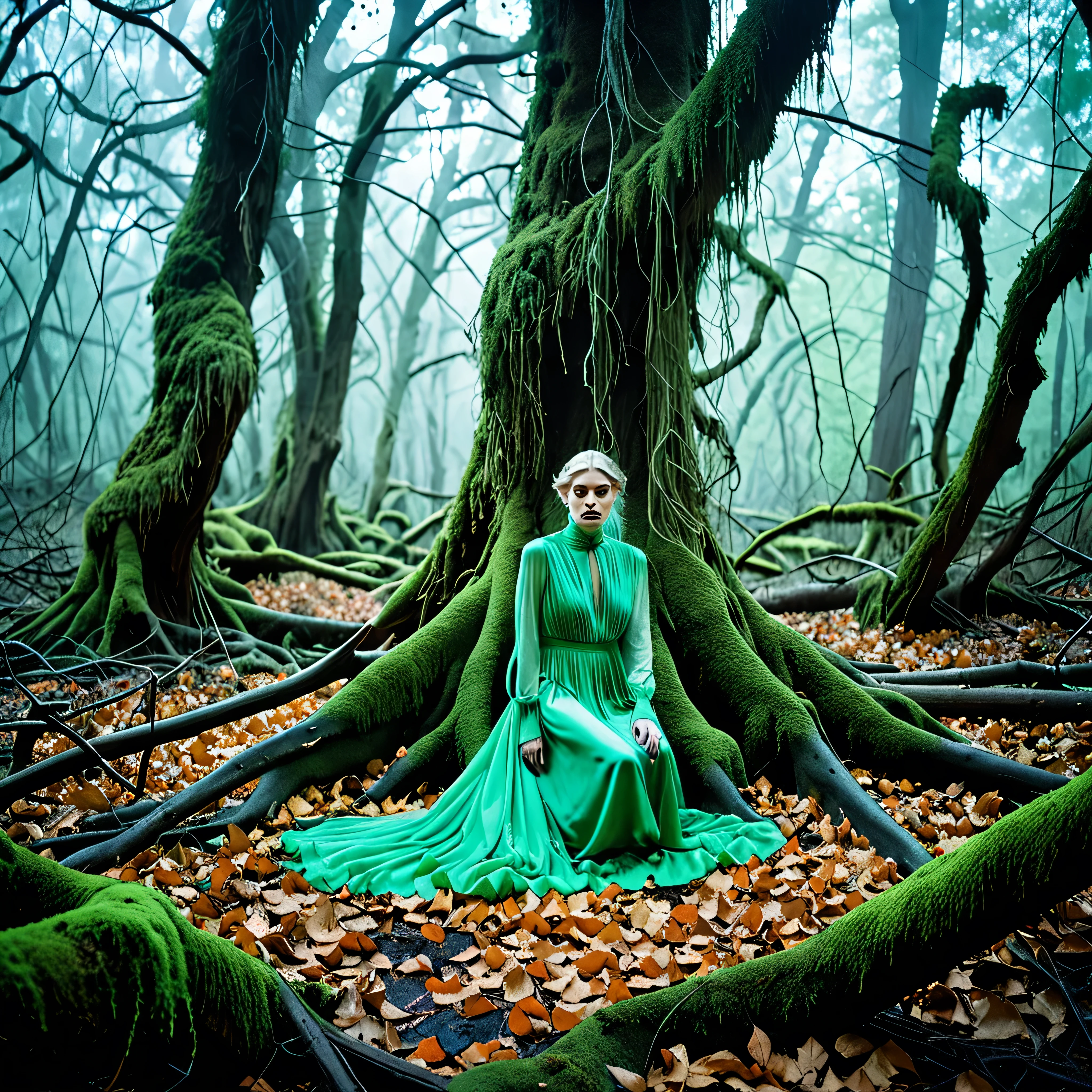 Elsa Bleda's signature aether atmosphere casts an eerie pall over the sinister forest, where Jovana Rikalo's dreamlike portraits come to life amidst the gnarled branches and tangled undergrowth. The forest floor is littered with decaying leaves and fallen branches, crunching softly underfoot with each step. With the Canon EOS 5D Mark IV and Canon EF 50mm f/1.4 USM, every haunting detail is brought to vivid life. Sinister shapes move in the shadows, their eyes gleaming with malevolent intent, while the twisted forms of the scarier trees loom overhead like silent sentinels. In the distance, the murky depths of the poison swamp emit an eerie green glow, casting strange reflections on the surrounding foliage.