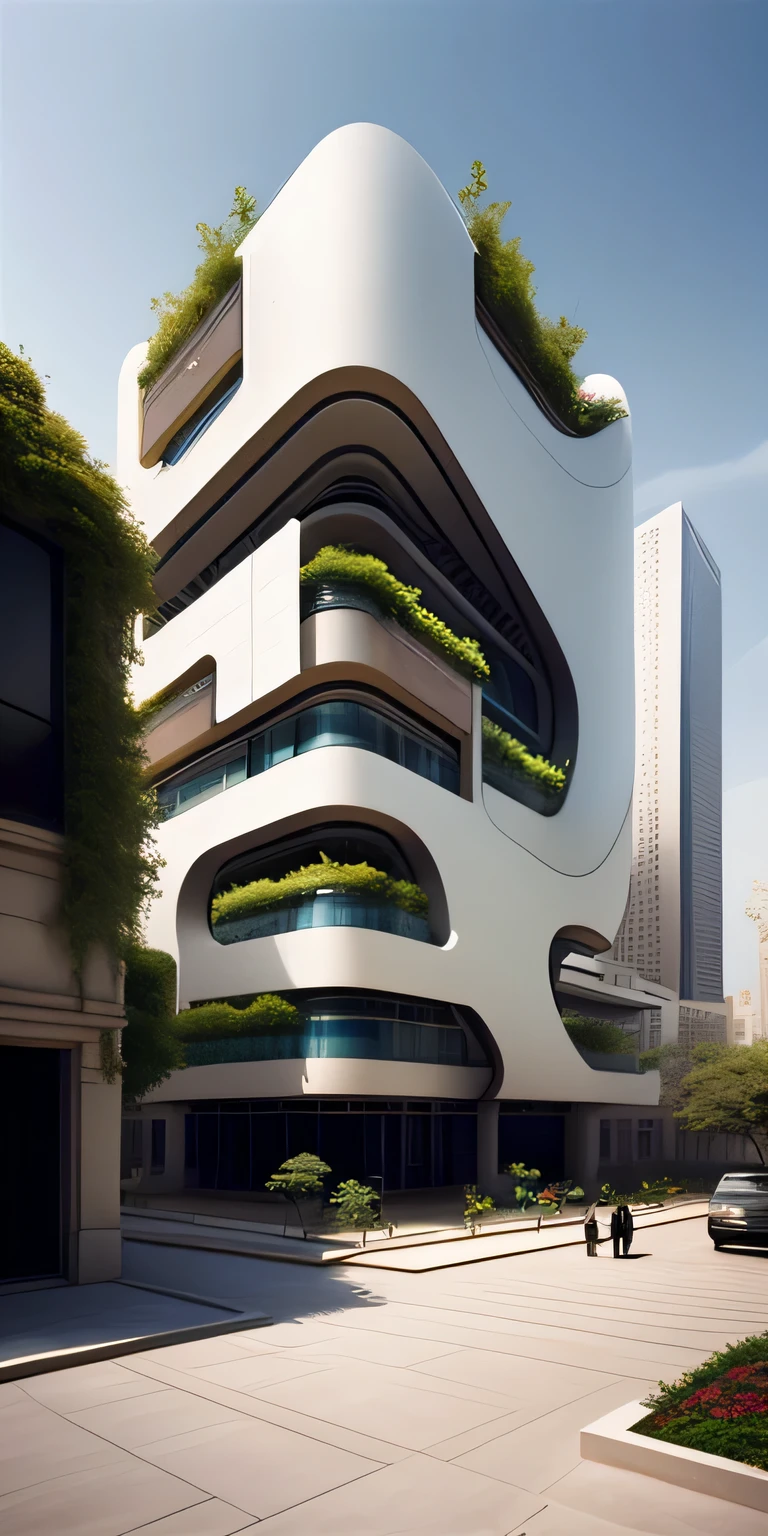 zaha hadid(Zaha Hadid)Skyscrapers of the future city designed by, futuristic building, modern building, sidewalk around the building, imagination, Fusion of future and past, hanging garden, the hanging garden of Babylon, sustainability, future technology, architectural creativity, new culture, self-sufficiency, golden ratio, Beautiful building in the center of the image, blurry background, one building, diffusion, natural color, calm colors, masterpiece, Art, Better resolution