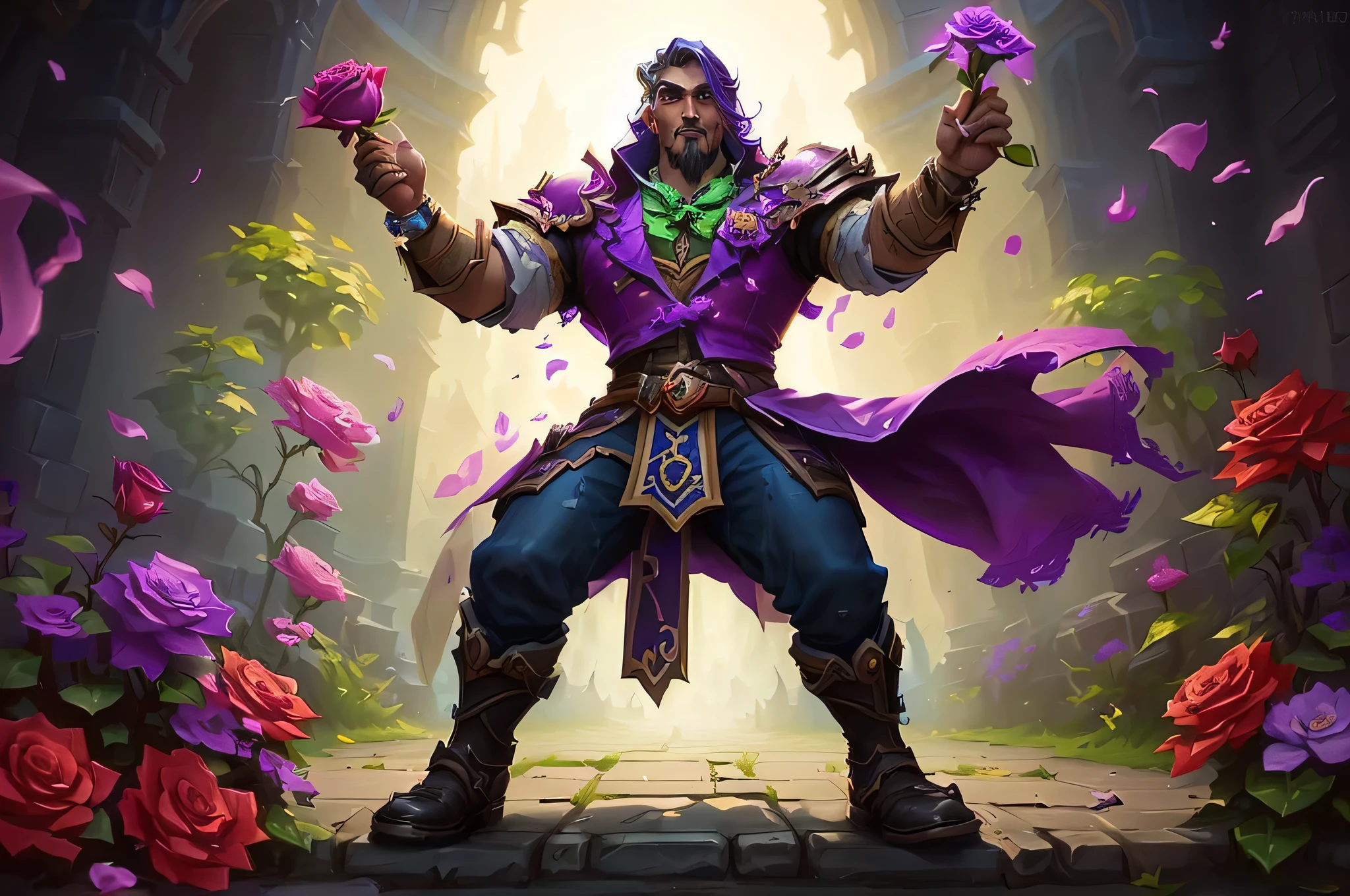 a man in a purple outfit holding a rose in his hand, hearthstone card artwork, hearthstone card art, hearthstone card game artwork, hearthstone card game artwork. ”, hearthstone art, hearthstone artwork, hearthstone concept art, hearthstone official splash art, hearthstone style art, fantasy hearthstone art style, hearthstone splash art, world of warcraft splash art, from hearthstone, warcraft character