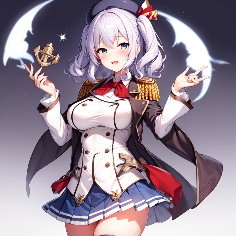 (masterpiece, best quality:1.2),giggle,A hand touched his chest,illustration,8k,HD,1 girl,solitary,portrait,blush,White hair,blue eyes,curls,Double tail,Crane plum,Berets,Epaulettes,Ruffled sleeves,jacket,Large Breasts,Long sleeve,,mini skirt,Pleated Skirt,Red tie,(White gloves),anchor,Solid color background