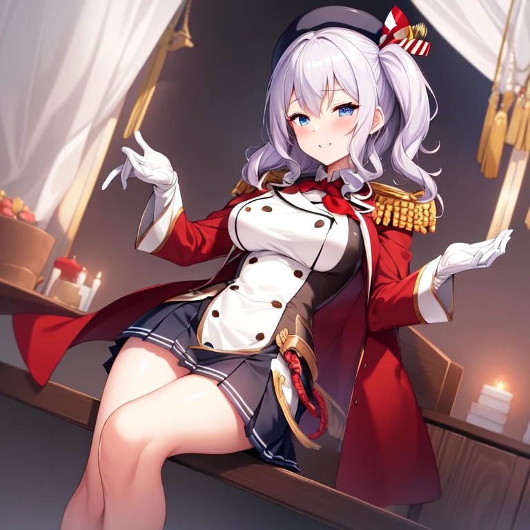 (masterpiece, best quality:1.2),giggle,A hand touched his chest,illustration,8k,HD,1 girl,solitary,portrait,blush,White hair,blue eyes,curls,Double tail,Crane plum,Berets,Epaulettes,Ruffled sleeves,jacket,Large ,Long sleeve,,mini skirt,Pleated Skirt,Red tie,(White gloves),anchor,Solid color background