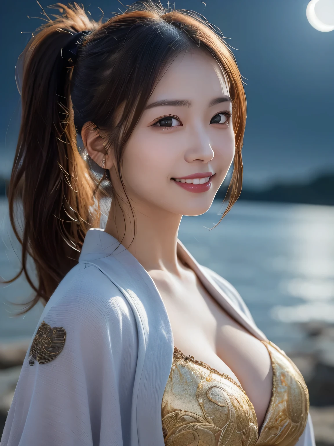Kimono beauty, body portrait, 8K, thin and beautiful eyes, Dindal effect, masterpiece, top quality, high quality, high resolution, very detailed photo, (natural skin texture, fine skin, hyperrealism, super sharpness) , high detail skin, (very fine, fine skin texture, intricate details, ponytail, beautiful face, (real-like face), realistic eyes, beautifully detailed eyes, realistic skin, beautiful skin, hyper reality target, highly detailed, golden ratio, smiling eyes, ((night moonlight background) )), body portrait, G cup, big breasts, huge breasts, big breasts, glamorous,