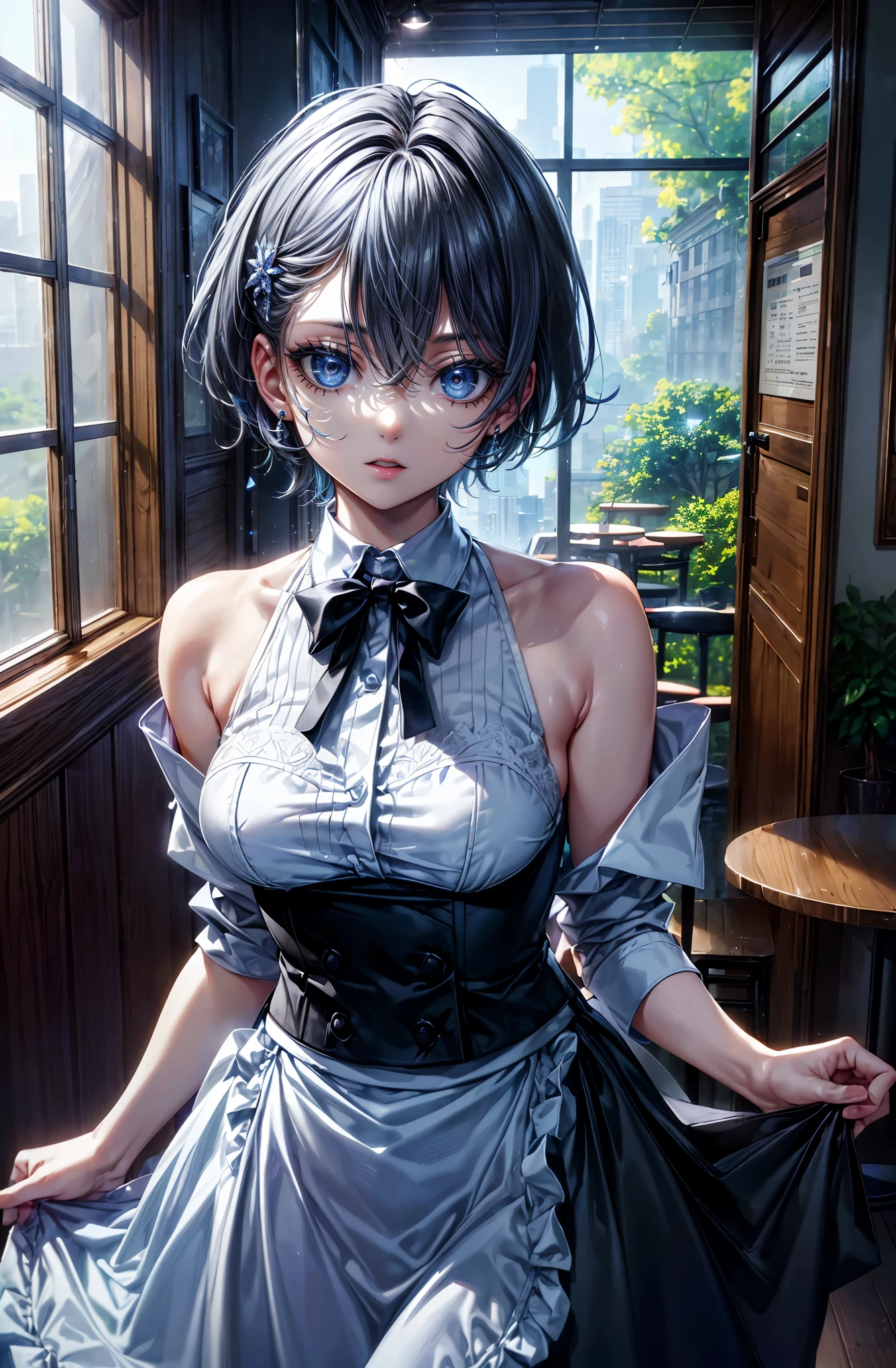 Hyper Quality、8K quality、High resolution、Image quality captured with a single-lens reflex camera、(software)、Perfect Anatomy、(Black Grey Short Hair、Shoulder-length hair:1.2)22 year old beauty.Mature face、blue eyes(Happy and embarrassed expression:1.4)(Nice shape and normal breasts)
BREAK

(A waitress outfit with a white base and purple lines、シャツ👔とロングスカート:1.3)（Uplifting:1.3）

Look to the side（Perfect Anatomy:1.4）break(Byte in Byte:1.2)(The interior of the organic wooden cafe with a view of nature from the windows、Depth、Friendly atmosphere:1.3)(Bustling with customers、Mobs:1.3)