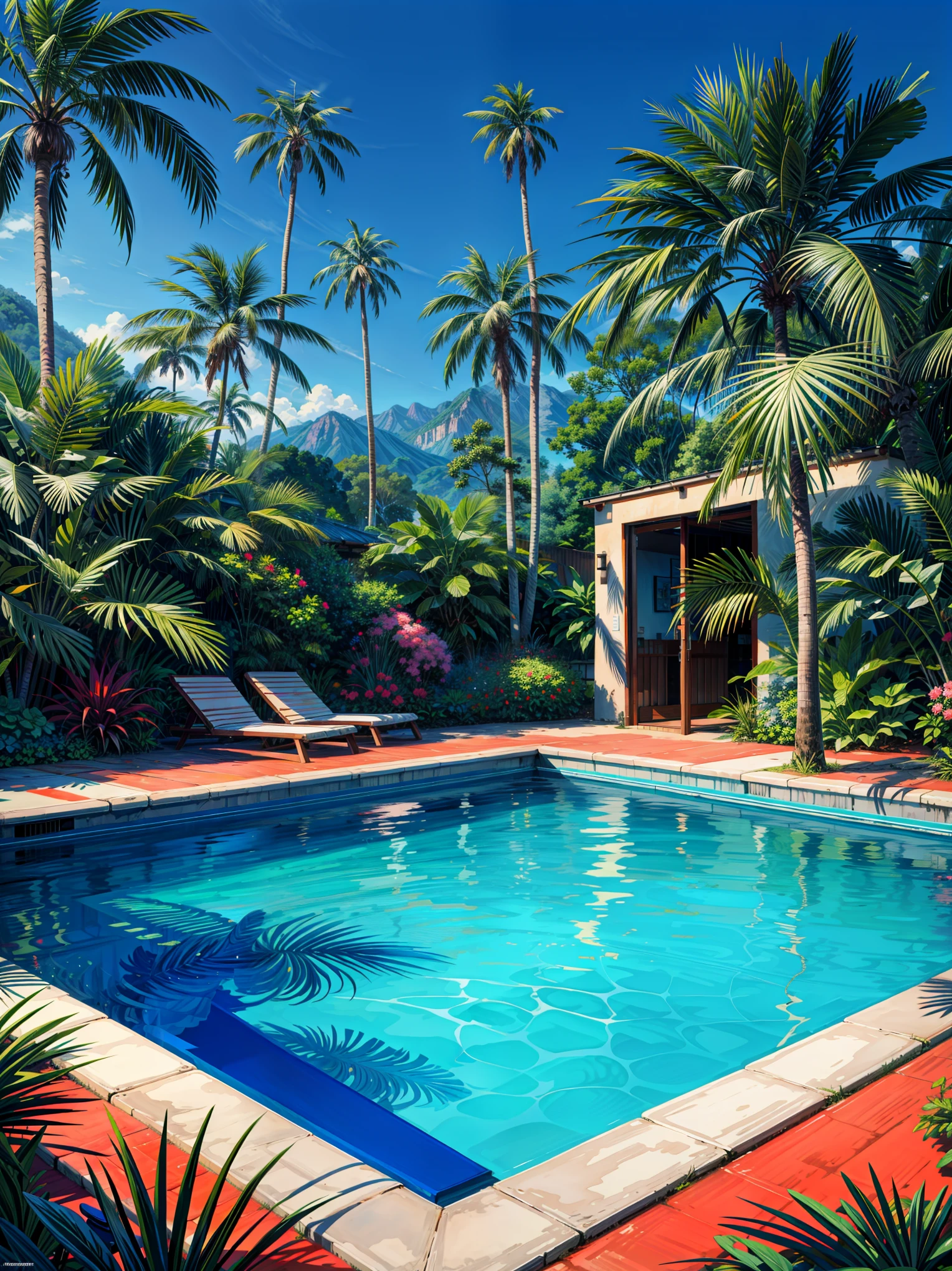 a painting of a swimming pool surrounded by palm trees, by Howard Arkley, by Hiroshi Nagai, by Edward Okuń, by John Wonnacott, by David Hockney, tropicalism, very detailed paradise, tropical setting, shusei nagaoka, hot and sunny highly-detailed, inspired by Howard Arkley, by Bob Thompson, tropical pool, 4k hd, beautiful art uhd 4 k, a beautiful artwork illustration, beautiful digital painting, highly detailed digital painting, beautiful digital artwork, detailed painting 4 k, very detailed digital painting, rich picturesque colors, gorgeous digital painting