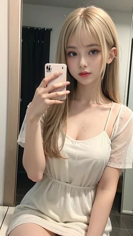 Hair Salon、sit down、One Woman、Mirror in front、((Selfie))、Straight Hair、See-through bangs、Long light beige hair、Short sleeve dress、A good attitude、indoor、highest quality、detailed、break,(Pastel colored salon)