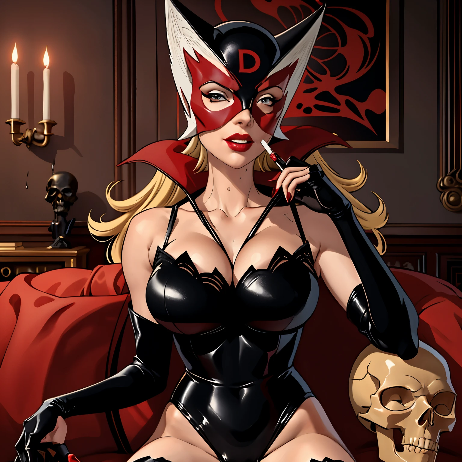 ((highest quality)), ((masterpiece)), (be familiar with), (High definition), Cinematic, (Complex:1.4), Best Shadow, Side lighting, 8K, ((Charlize Theron)), ((Doronjo)), Perfect Face, Detailed, (Accurate hand and finger depiction), (Doronjoのマスク), ((Black lace leotard costume)), ((A large red D is engraved on the front of the mask)), ((Wearing a red veil around the eyes:1.2)), (Blonde Long Hair), Beautifully long red nails, deep red lipstick, sneer, (Voluptuous body), (Large Breasts:1.2), (Cleavage), Narrow waist, Big Ass, Alluring, glamorous, ((Smoking a long, thin pipe:1.0, It is shaped like a skull and smoke is coming out of it.)), (sitting on the sofa with legs wide open:1.2), Front view, full body, A room with a luxurious long red sofa, Skull ornament, ((Close-up of face:1.2))