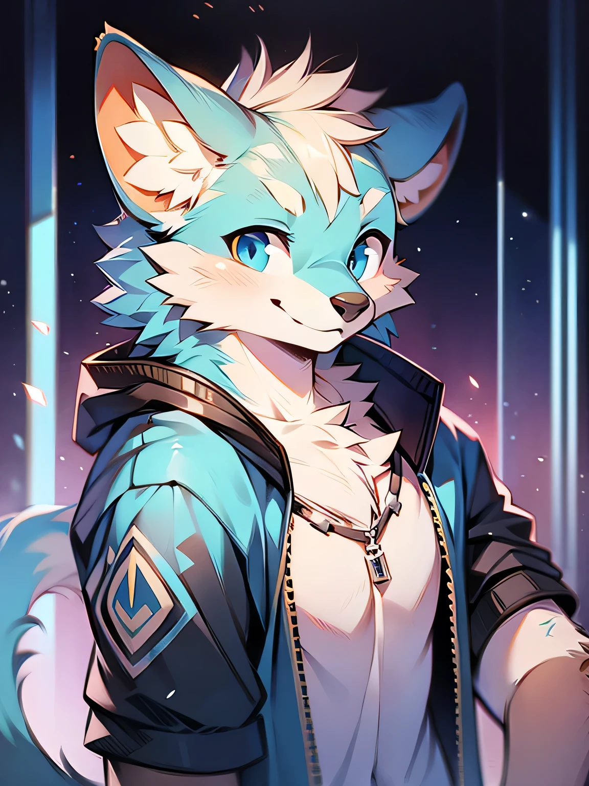 Rystal, Star Fox, Male, (A detailed), fluffly, Solo, , fotorealistisch, ((clear structural details)), Meticulous and realistic, detailed eyes, (Turquoise blue pupils), ((Silvery-white glowing eyes)), Evil smile, Smile, slenderness, soft, 4K, Excellent quality, high detal, Detailed fur, ((The tail is in the right place) ，Light blue latex coat，male