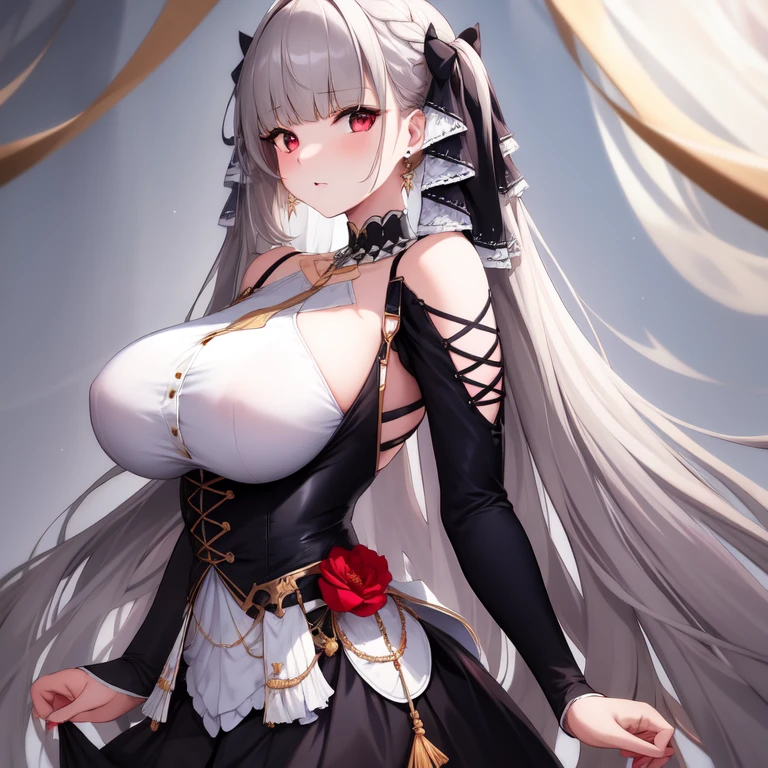 (masterpiece, Best quality1.2),illustration,8k,HD,1 Girl,Solitary,Upper Body,(portrait:1.2),long_hair,Large target_breast,Red_Eye,Very_long_hair,Bangs,Double tail,ribbon,grey_hair,cleveage,hair_ribbon,Two-color_ribbon,between_breast,Black_skirt,skirt,decorate,only_Shoulder,Frilly_skirt,long_sleeve,Two-color_skirt,jewelry,earrings,