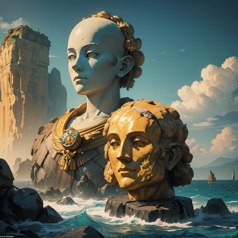 (masterpiece, best quality:1.2), super detail, cinematic lighting, HDR, illustration, Giant stone heads as habitat amid the sea, colorful, monks in procession, mystery, highly detailed, high contrast, golden ratio composition, epic view, masterpiece,
