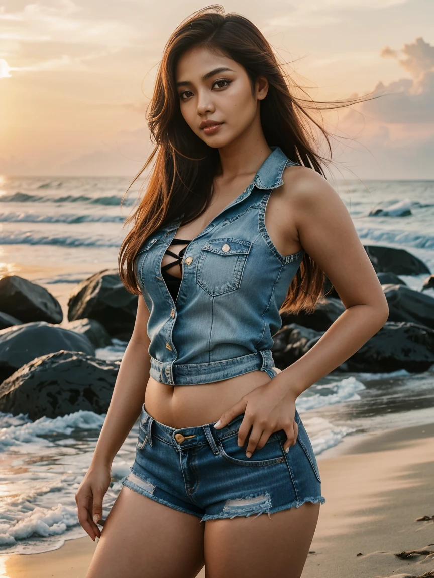 (SFW, Beautiful aesthetic sexy Malaysian|Filipina female model:1.3), thicc hourglass figure, wearing denim shorts and shirt, long messy hair, beach ruins at sunrise, soft fill lighting, freckles, perfect eyeliner and eyeshadow