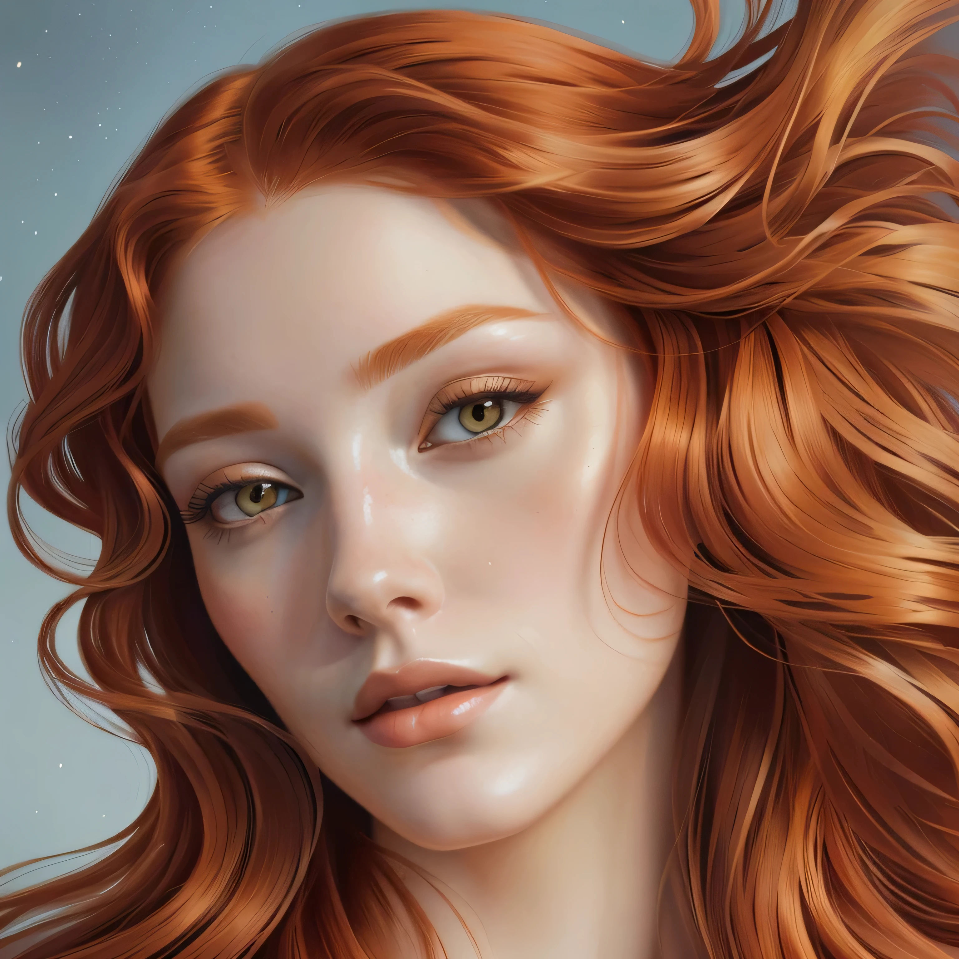 painting of a woman with red hair and black eyes, beatiful hair, exquisite digital illustration, detailed beauty portrait, maiden with copper hair, beautiful digital illustration, flowing ginger hair, glossy digital painting, stunning digital illustration, orange flowing hair, in the art style of bowater, highly detailed digital painting, gorgeous digital painting, goddess close-up portrait, detailed digital painting