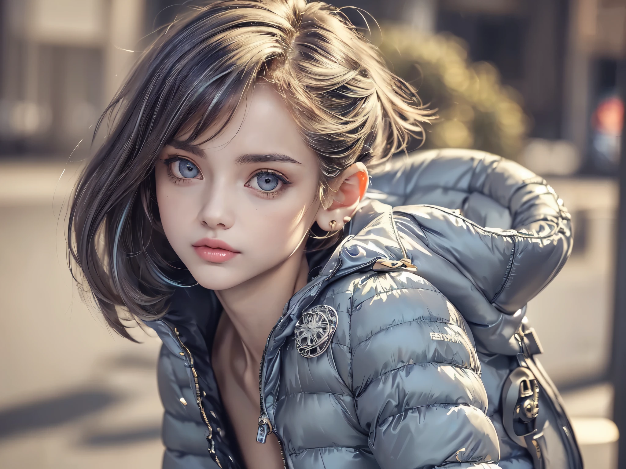 Top Quality, Masterpiece, High Resolution, 8k, ((((skinny girl in open puffer jacket, small perky breasts, beautiful detailed eyes, beautiful detailed lips, small closed mouth, extremely detailed face, pixie asymmetrical hair cut, small hips, random color)))