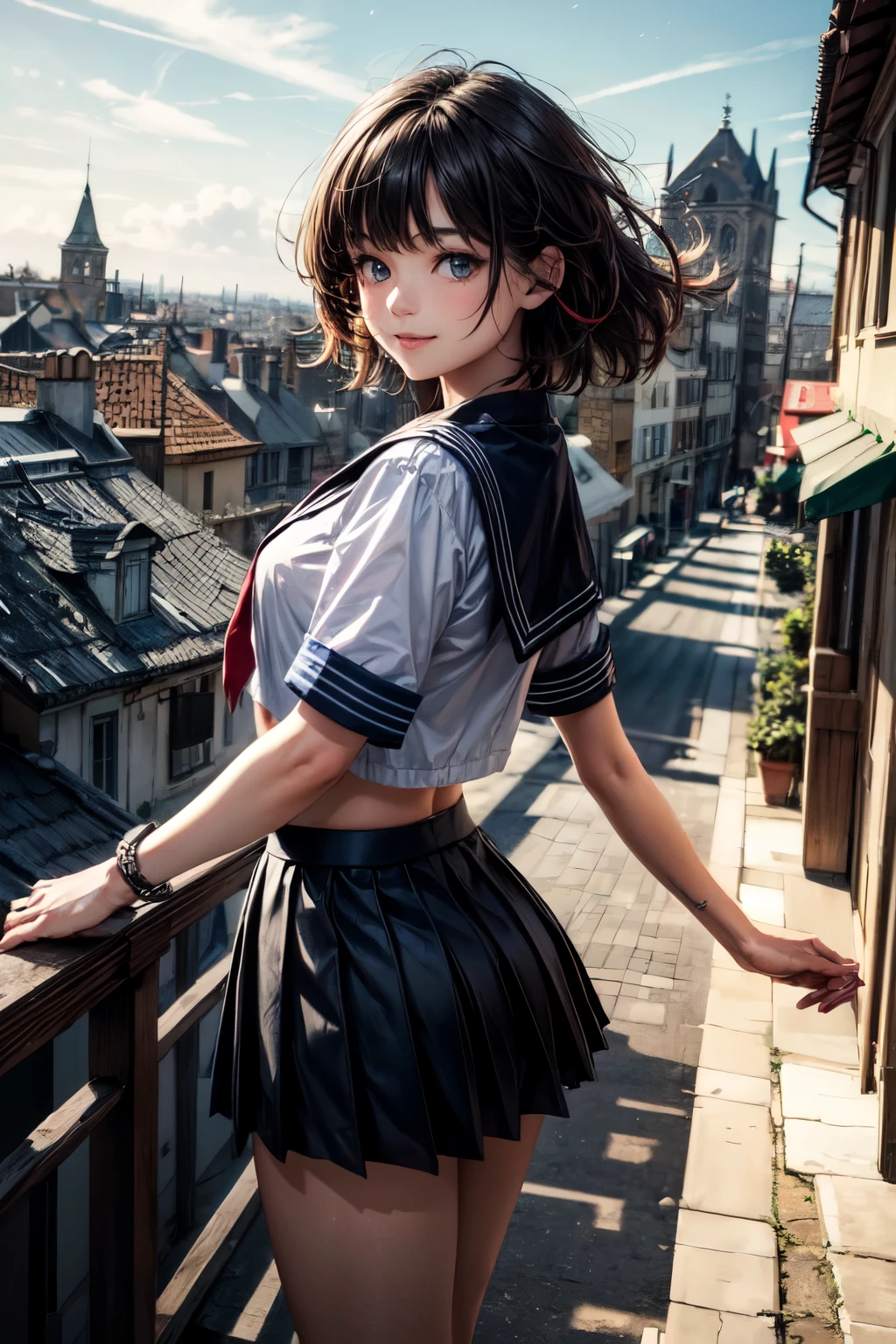 very cute and beautiful girl,teen,(highly detailed beautiful face),
(smile),black hair,(sailor ,pleated navy blue mini skirt),dynamic pose,looking at viewer,
many european houses with red roof,(town overview:1.2),
(best quality,masterpiece),absurdres,highres,ultra-detailed,extremely detailed,32k,8k resolution,
intricate details,cinematic scene,detailed background,solo,dynamic angle,
hair fluttering in the wind,beautiful detailed sky,