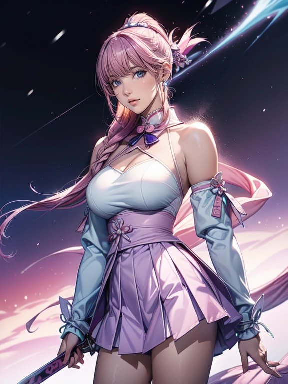 Extreme Detail, perfection, aerial photograph, Like a work of art, Anime girl with ice and snow sword, Her pink hair and long purple skirt complement each other well., Ayaka Genshin gazing into the distance, Leading to the world of Genshin.