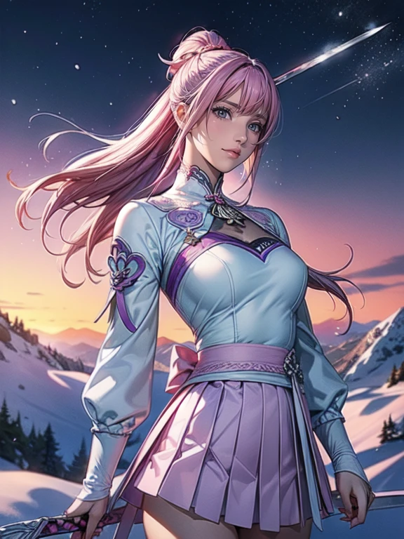 Extreme Detail, perfection, aerial photograph, Like a work of art, Anime girl with ice and snow sword, Her pink hair and long purple skirt complement each other well., Ayaka Genshin gazing into the distance, Leading to the world of Genshin.