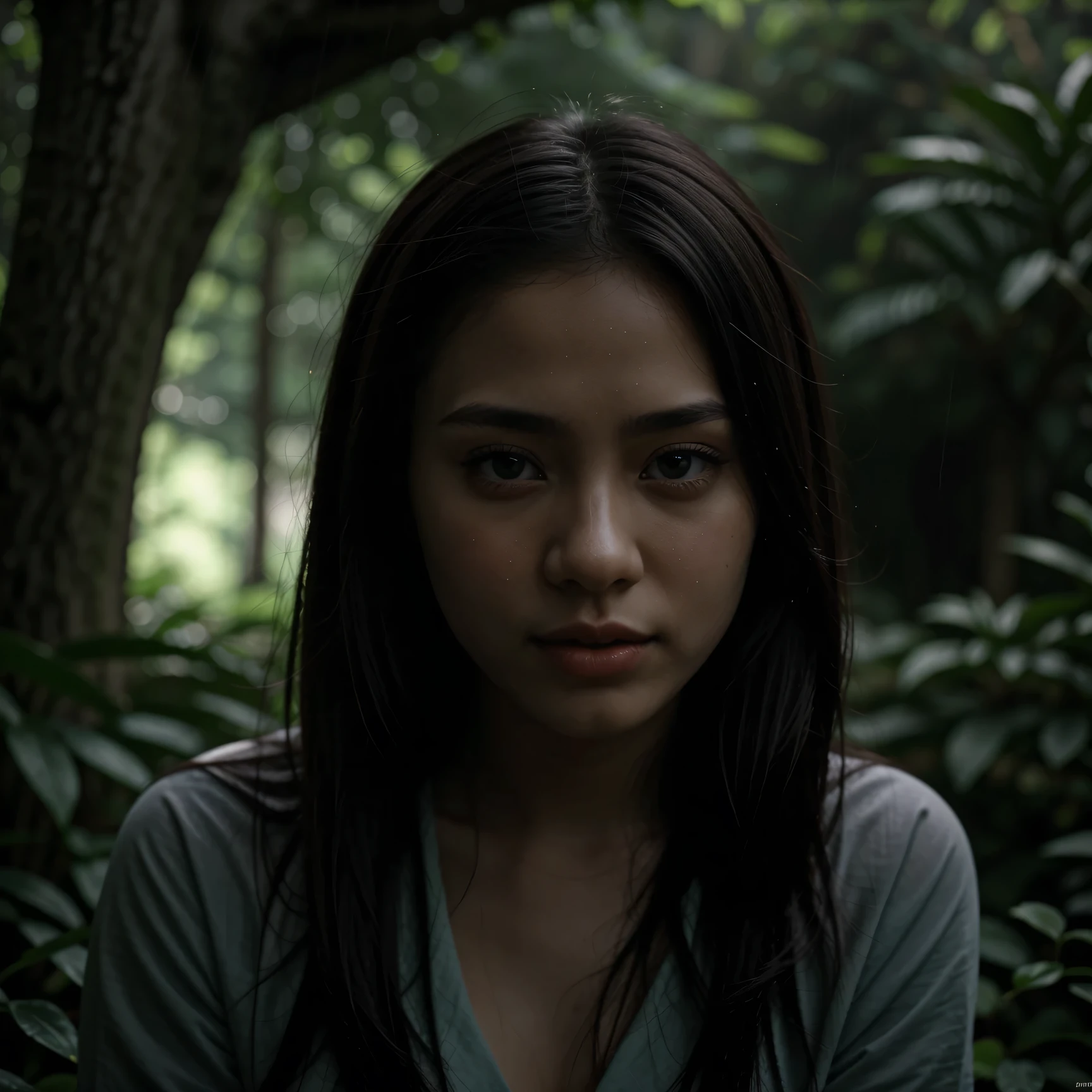 A picture of cool tones in the rain, a lush green forest, a beautiful Thai girl with a perfect face and beautiful eyes, 20 years old, her body wet, her eyes looking straight.