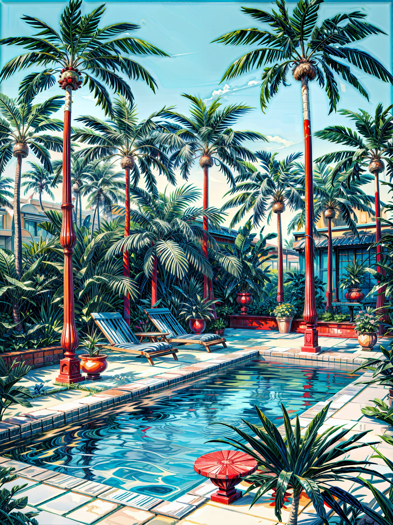 a painting of a swimming pool surrounded by palm trees, by Howard Arkley, by Hiroshi Nagai, by Edward Okuń, by John Wonnacott, by David Hockney, tropicalism, very detailed paradise, tropical setting, shusei nagaoka, hot and sunny highly-detailed, inspired by Howard Arkley, by Bob Thompson, tropical pool, 4k hd, beautiful art uhd 4 k, a beautiful artwork illustration, beautiful digital painting, highly detailed digital painting, beautiful digital artwork, detailed painting 4 k, very detailed digital painting, rich picturesque colors, gorgeous digital painting