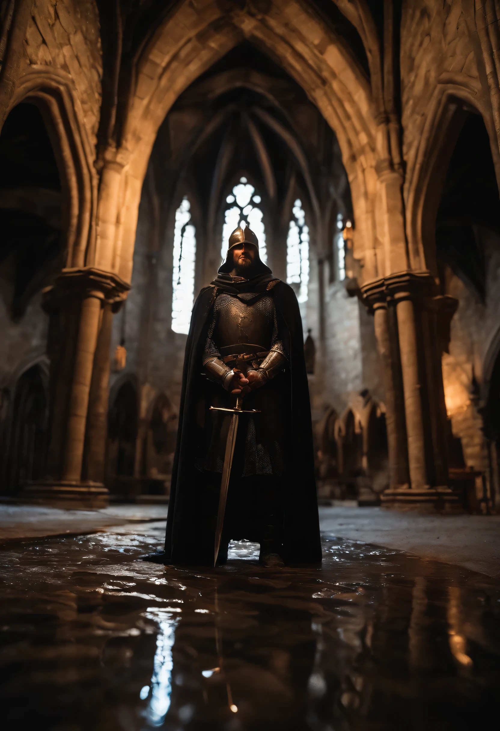 fisheye lens, portrait photo of medieval knight standing inside a gothic church, wet stone, puddles, infinite vaults, bloodborne, dramatic light, low key, candle light