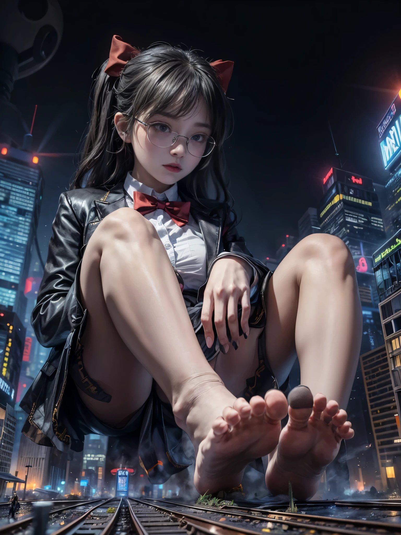 multiple girls, giantess art, a hyperrealistic , , highly detailed giantess shot, der riese, Shorthair, black pantyhose, A huge high school girl that is much bigger than a skyscraper。wearing rimless glasses。huge droopy breast, expose breast, grey blazer、Red bow tie、Mini Length Skirt, (bare foot:1.3), very small metropolis in miniiature metropolis。In a miniature metropolis that is only feet tall.Sitting down, cross-legged, Small trains and cars。Full body depiction。gts, giantess,stomping city,crash city,tiny city,micro city, 