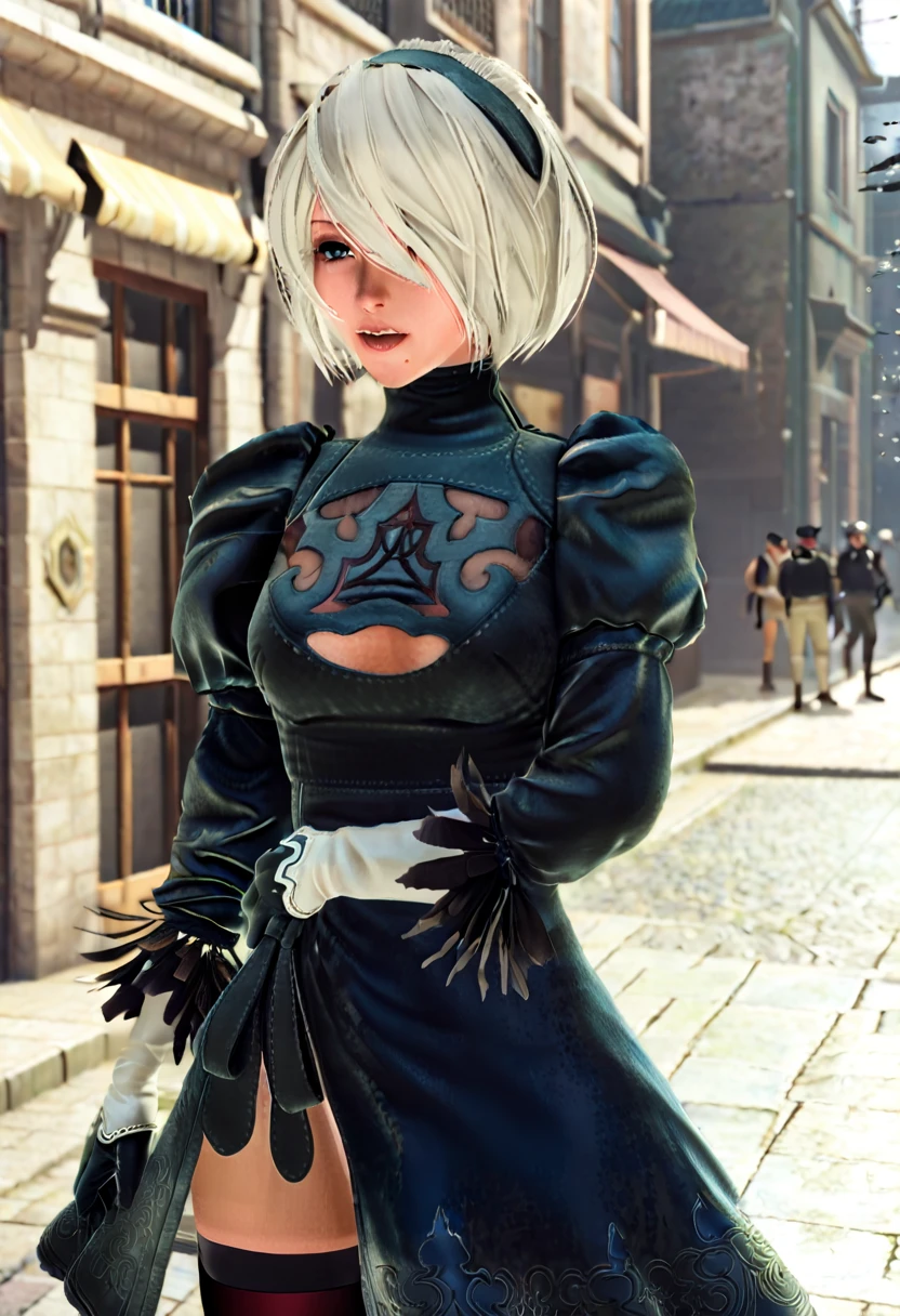 One Girl, oh, (Both of them are blindfolded、Round face), chest, chestの谷間, chestの谷間 cutout, Dress cutout, Old western castle street background, Hair between the eyes, head band, Blindfold covering both eyes, High resolution, Juliet Sleeve, Long sleeve, Nier (series), Nier automata, Fluffy sleeves, Red lips, Lips with raised corners of the mouth, Smiling Lips, Shadow Face, short hair, alone, Turtleneck sweater, whole body, l Blue-white silver hair, null、Wields an intricately designed rapier、((Dynamic attacking scenes))、A blade that emits a dull glow、Slashing Light Trail、The fluttering hem of a skirt、Moderately meaty、Toned thighs、((He is slashing with a sword at a group of men in long black coats.、{{masterpiece、highest quality、(((Realistic、Realistic:1.37)))、8K quality}},