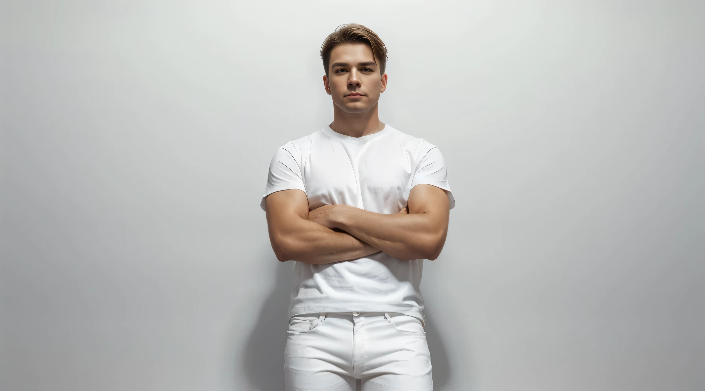 a man in white pants and a white t - shirt stands with his arms crossed, concept art inspired by Ralph Earl, featured on reddit, renaissance, white pants, wearing white clothes, man in white t - shirt, all white, wearing pants and a t-shirt, dressed in a white t-shirt, dressed in a white t shirt, white clothes