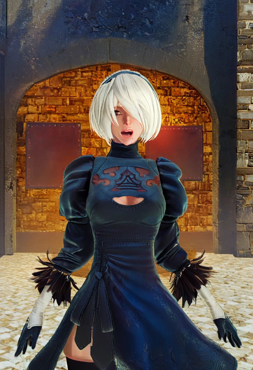 One Girl, oh, (Both of them are blindfolded、Round face), chest, chestの谷間, chestの谷間 cutout, Dress cutout, Old western castle street background, Hair between the eyes, head band, Blindfold covering both eyes, High resolution, Juliet Sleeve, Long sleeve, Nier (series), Nier automata, Fluffy sleeves, Red lips, Lips with raised corners of the mouth, Smiling Lips, Shadow Face, short hair, alone, Turtleneck sweater, whole body, l Blue-white silver hair, null、Wields an intricately designed rapier、((Dynamic attacking scenes))、A blade that emits a dull glow、Slashing Light Trail、The fluttering hem of a skirt、Moderately meaty、Toned thighs、((He is slashing with a sword at a group of men in long black coats.、{{masterpiece、highest quality、(((Realistic、Realistic:1.37)))、8K quality}},