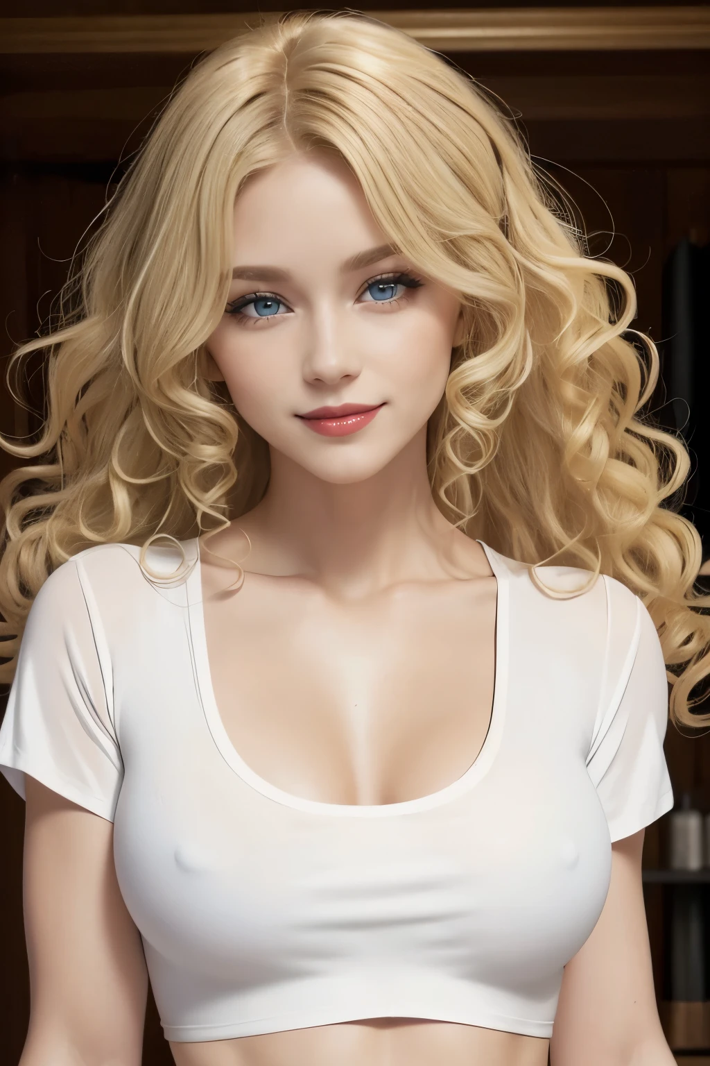 Caucasian woman, ((blonde hair)), (((curly hair))), long hair, olive green eyes, lined eyes, shiny eyes, highlights blue eyes, red lipstick, makeup, smile, (athletic body), ((small breasts)), nipples, (((white top))), ((Low-cut top)), Front shot.