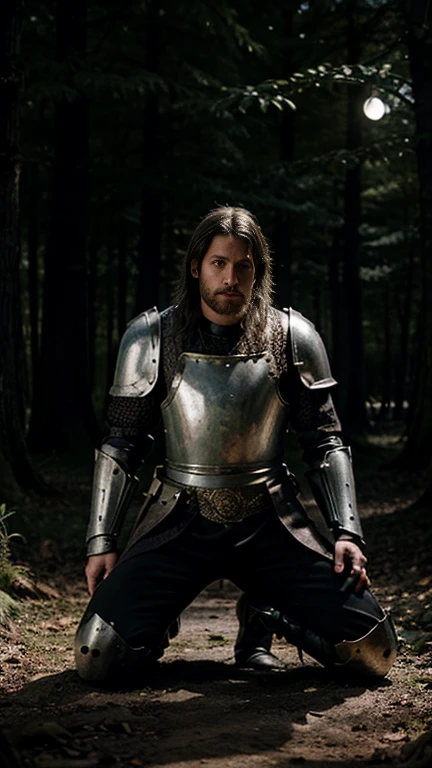 Forest at night, moonlight, Male medieval knight (ring mail), poor, ragged clothing, kneeling in front of medieval baron ((baron in full armor))