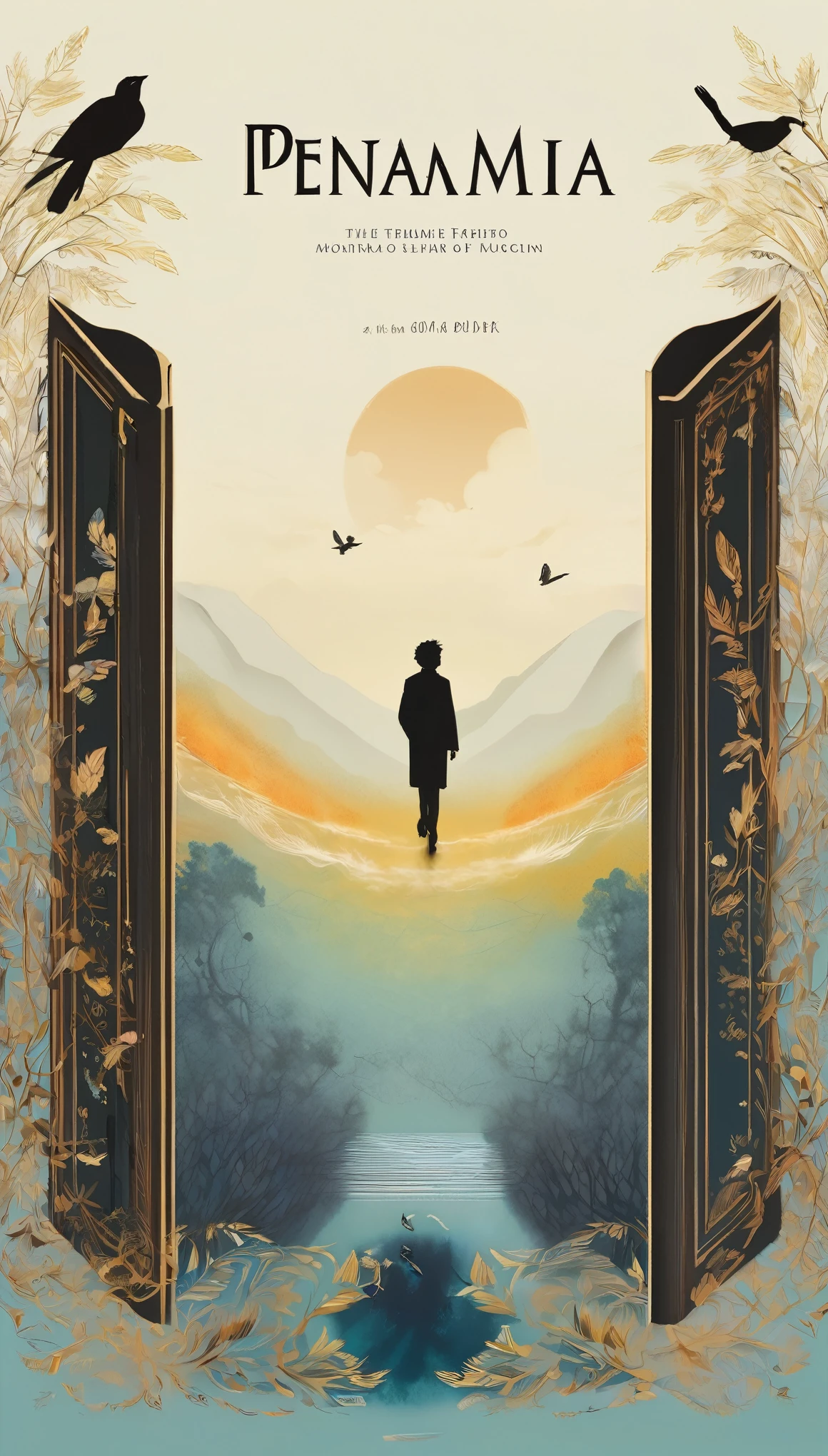 masterpiece, 4k, sharp focus, highest quality,wide shot. Imagine a book cover that conveys a sense of nostalgia and storytelling. The title of the book is " Penamemoria". Is a book about the creative, unique journey of a boy into becoming a musician storyteller. In his journey he finds a magical feather and a dreamy bird. Minimalistic, modern, dreamy logotype at the bottom of the book cover