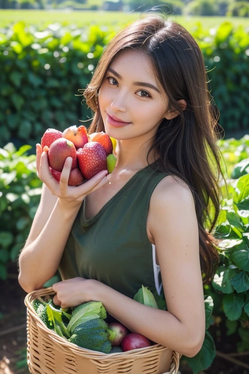 (a girl holding a basket)organic fruits and vegetables, vibrant colors, fresh-picked, nutrient-rich, (best quality, highres) detailed textures, (realistic) lifelike appearance, (sun-kissed lighting), (organic farming), (healthy lifestyle), (bountiful harvest), (natural beauty), (wholesome nourishment), (sustainable agriculture), (farm-to-table), (juicy, succulent:1.1) fruits, (crisp, leafy:1.1) vegetables, (naturally grown), (nutrient-dense), (diverse variety), (abundance), (exquisite detailing), (farm fresh), (locally sourced), (organic market), (culinary delights), (foodie's paradise), (colorful assortment), (mouthwatering flavors), (culinary perfection), (garden-fresh), (deliciously ripe), (sumptuous feast), (meticulously cultivated), (farmers' pride), (blossoming beauty), (wholesome goodness), (healthy indulgence), (gastronomic adventure), (delightful aroma), (feel-good flavors), farm-fresh ingredients